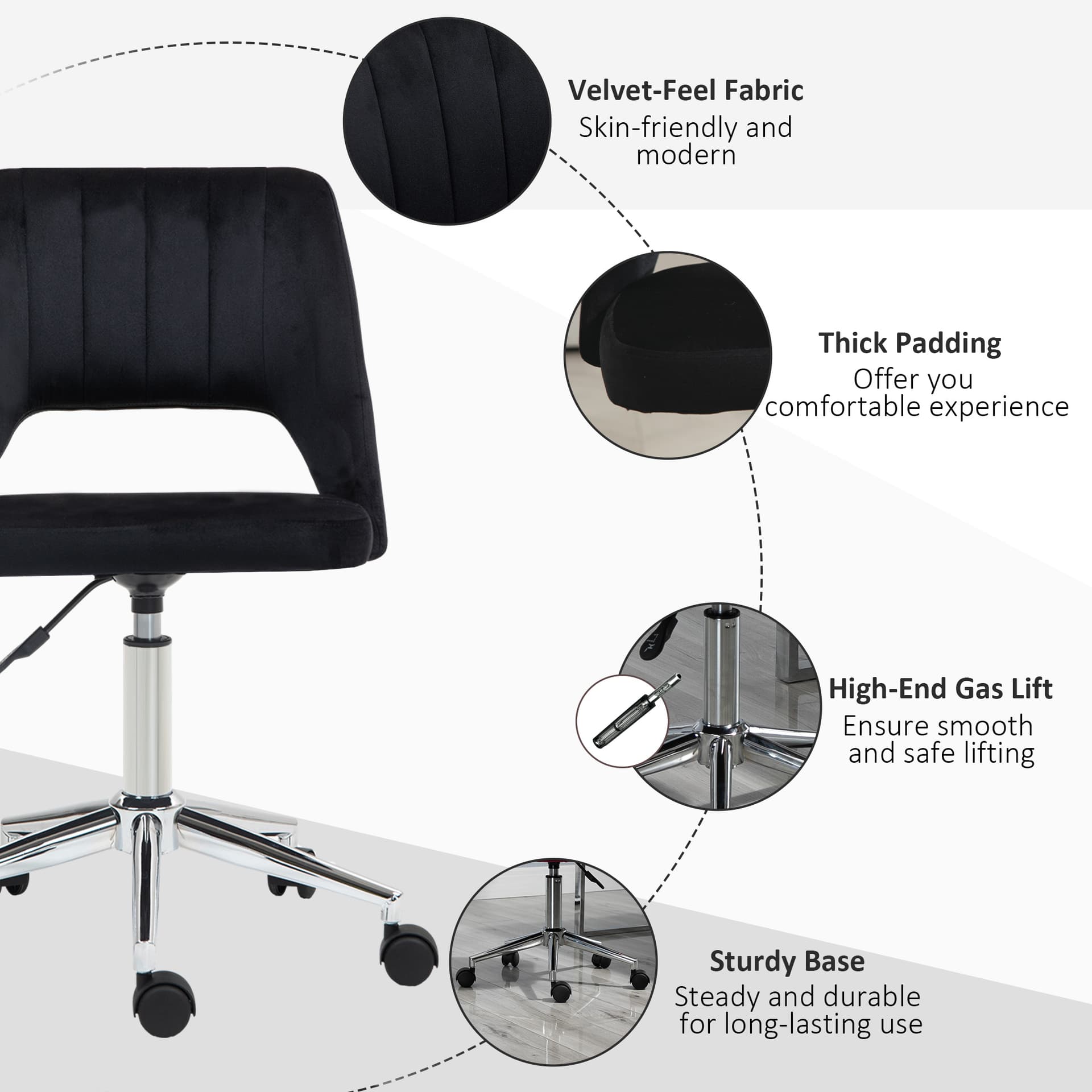 Mid Back Office Chair Velvet Fabric Swivel Scallop Shape Computer Desk Chair, Black - Office Chairs - Office Furniture