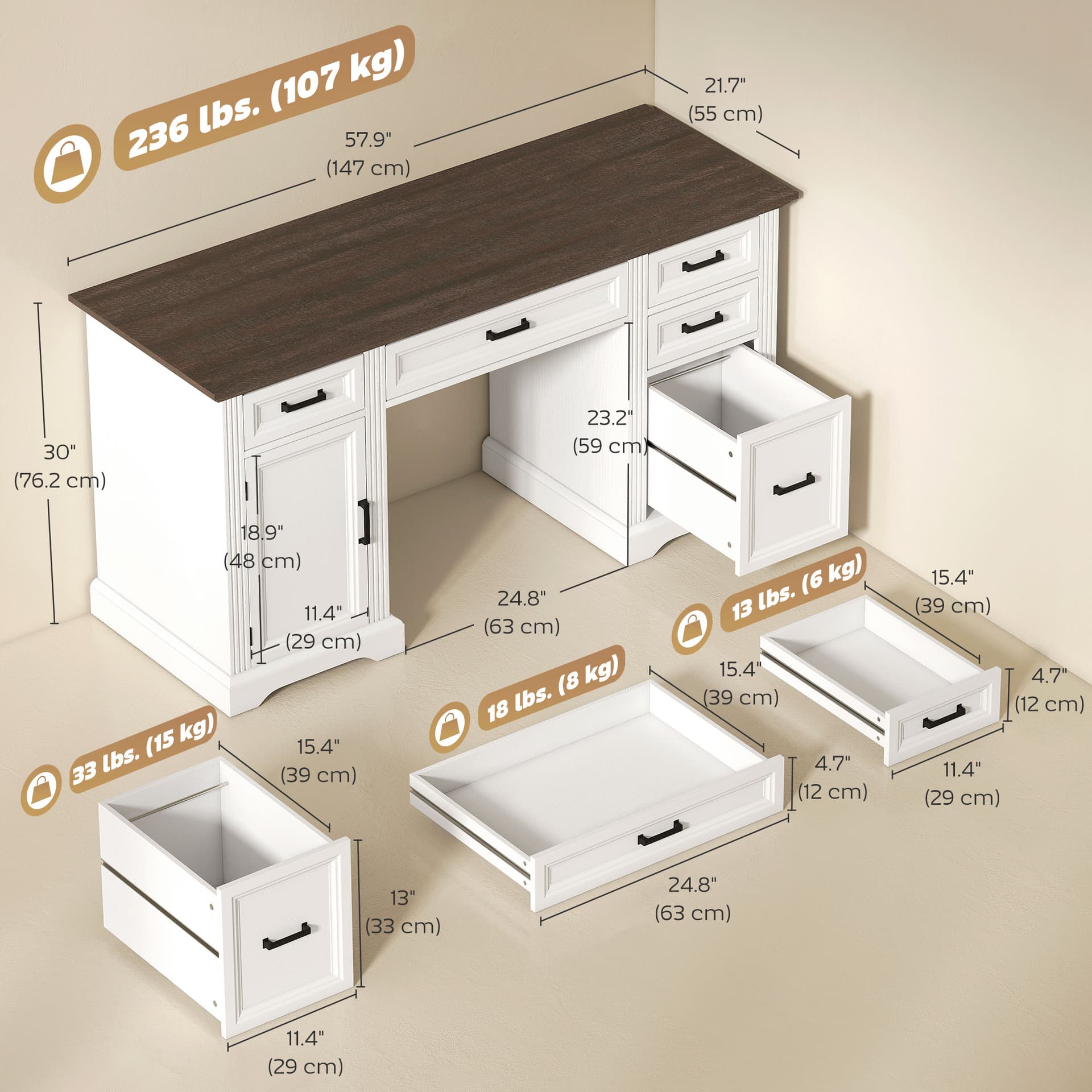 58" Home Office Desk with Soft-Close Drawers, Farmhouse Executive Desk with File Drawer for Letter Size, White - Computer Desks - Office Furniture
