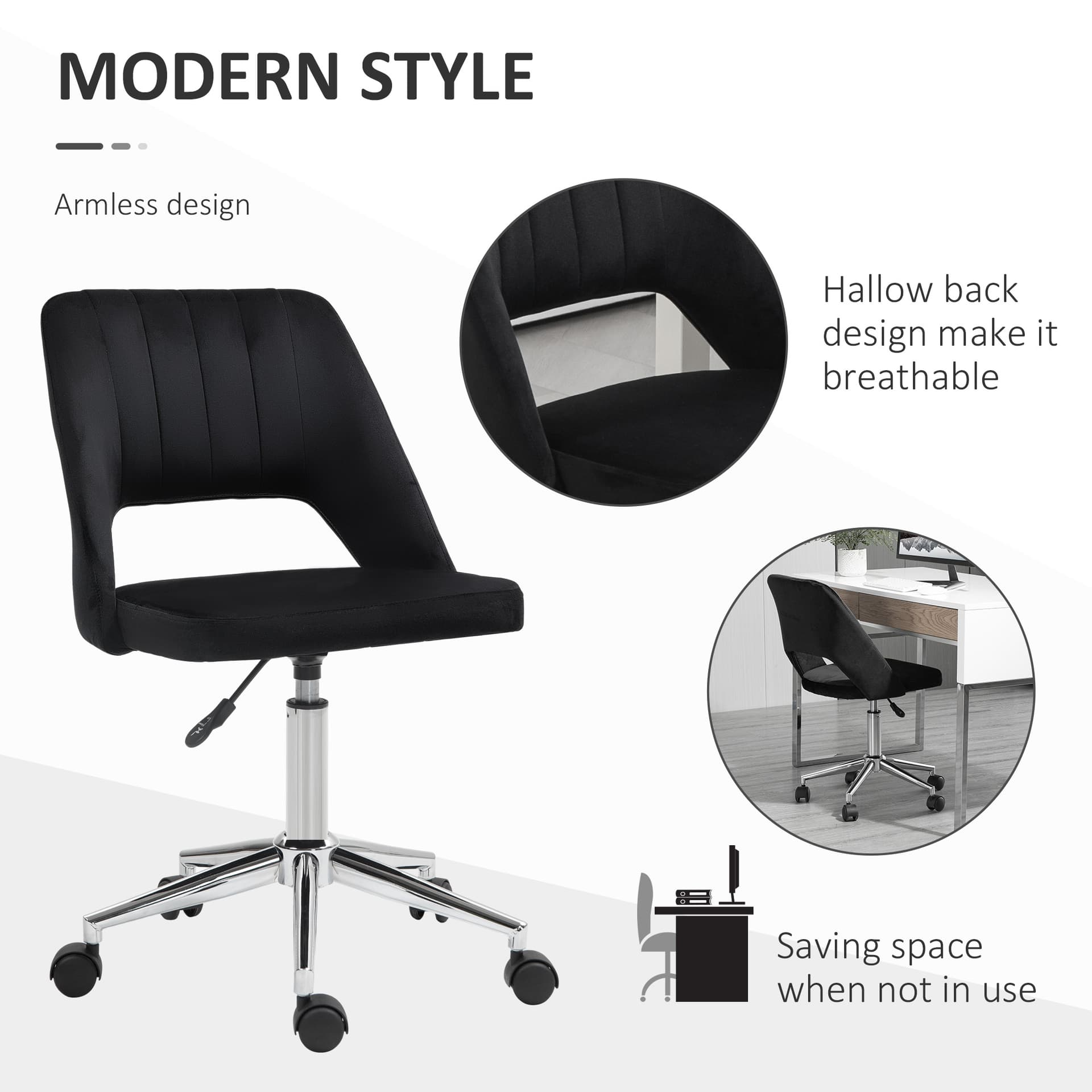 Mid Back Office Chair Velvet Fabric Swivel Scallop Shape Computer Desk Chair, Black - Office Chairs - Office Furniture
