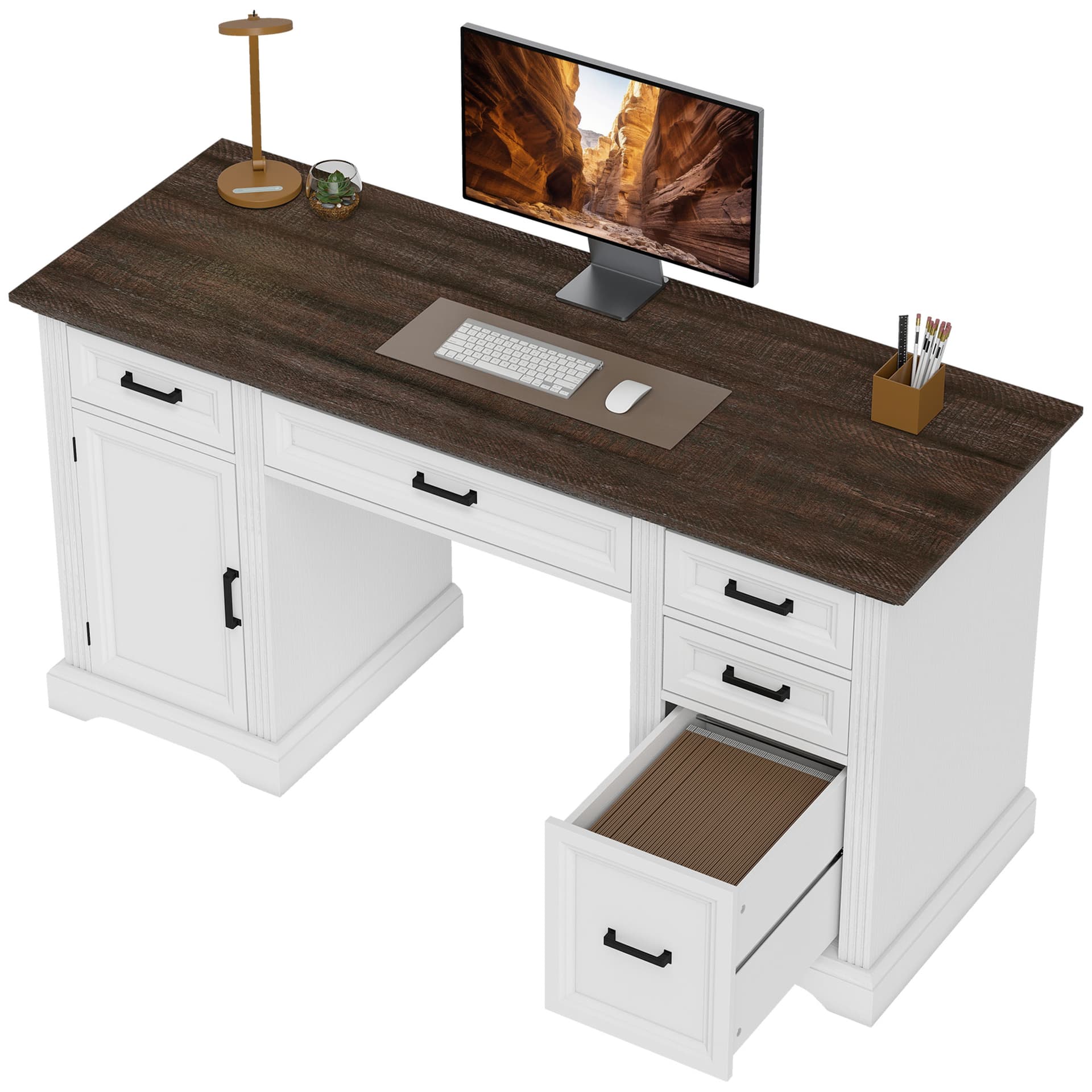58" Home Office Desk with Soft-Close Drawers, Farmhouse Executive Desk with File Drawer for Letter Size, White - Computer Desks - Office Furniture