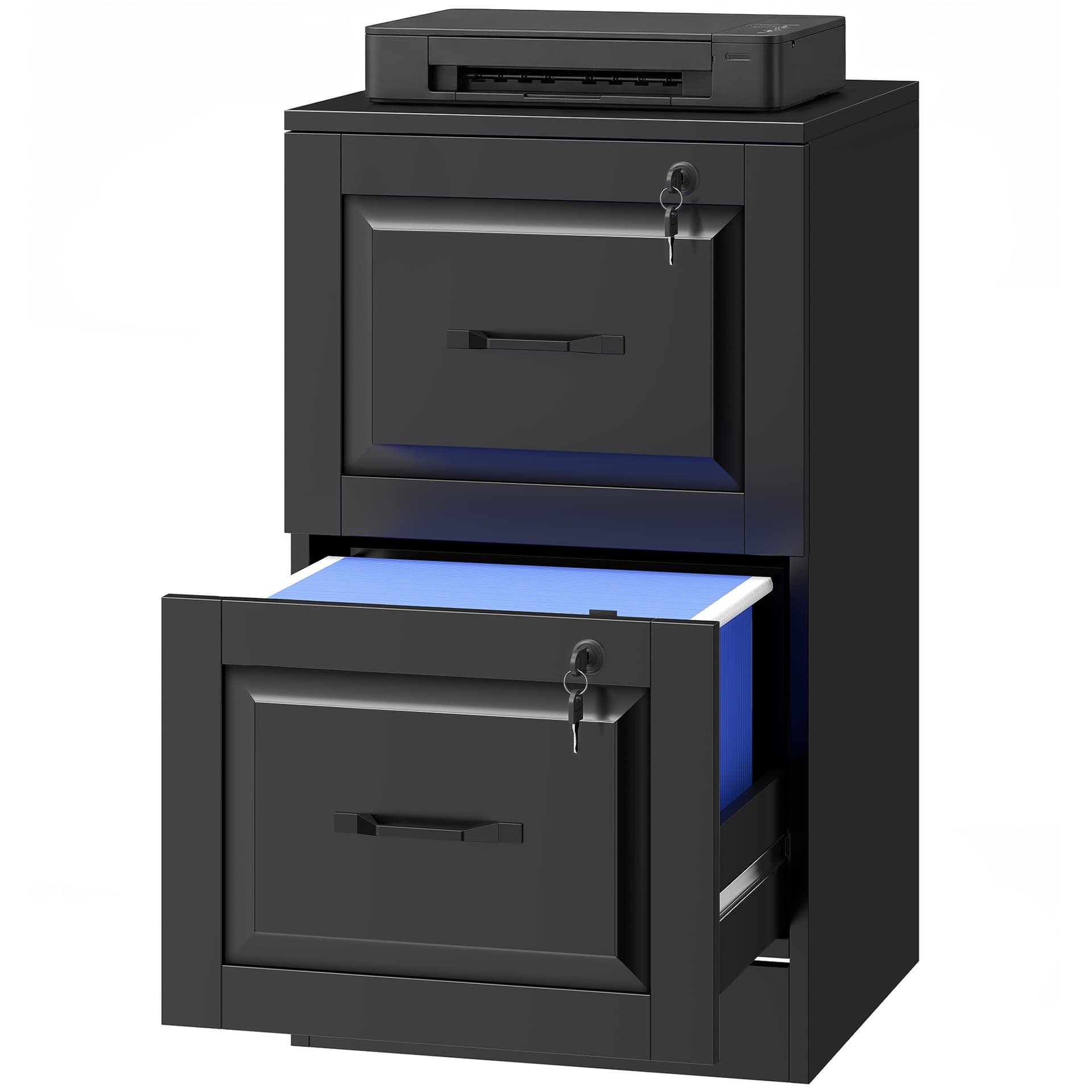 2 Drawer File Cabinet with Lock, Vertical Filing Cabinet with Adjustable Hanging Bars for A4 and Letter Size, Black - Office Cabinets & Cupboards - Office Furniture