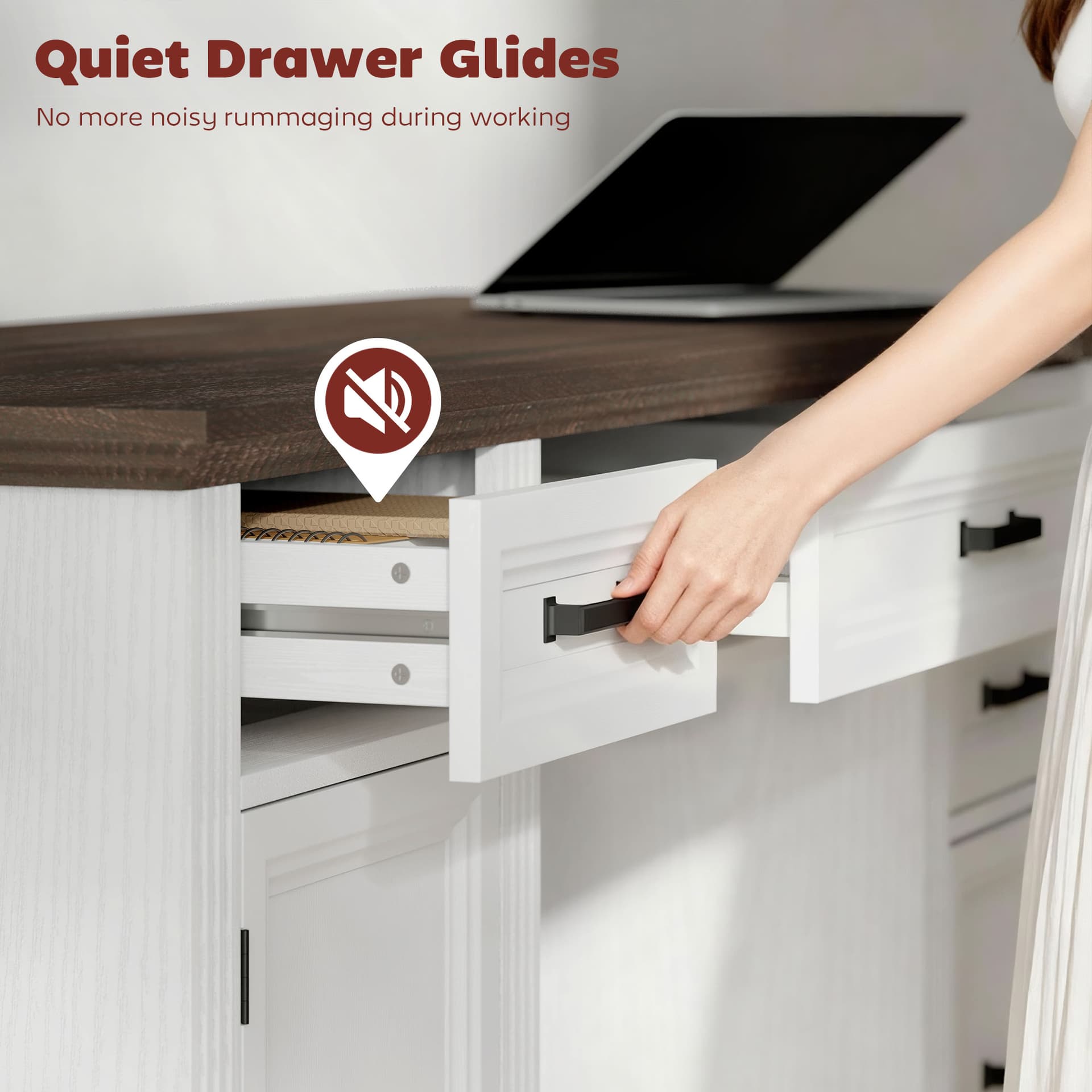 58" Home Office Desk with Soft-Close Drawers, Farmhouse Executive Desk with File Drawer for Letter Size, White - Computer Desks - Office Furniture