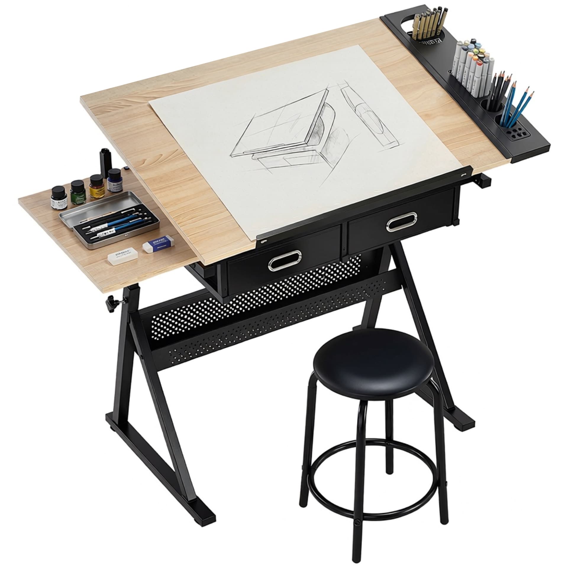 Adjustable Drafting Table, Art Desk Drawing Table Workstation with Stool and Storage Drawers for Painting, Oak - Writing Desks - Office Furniture