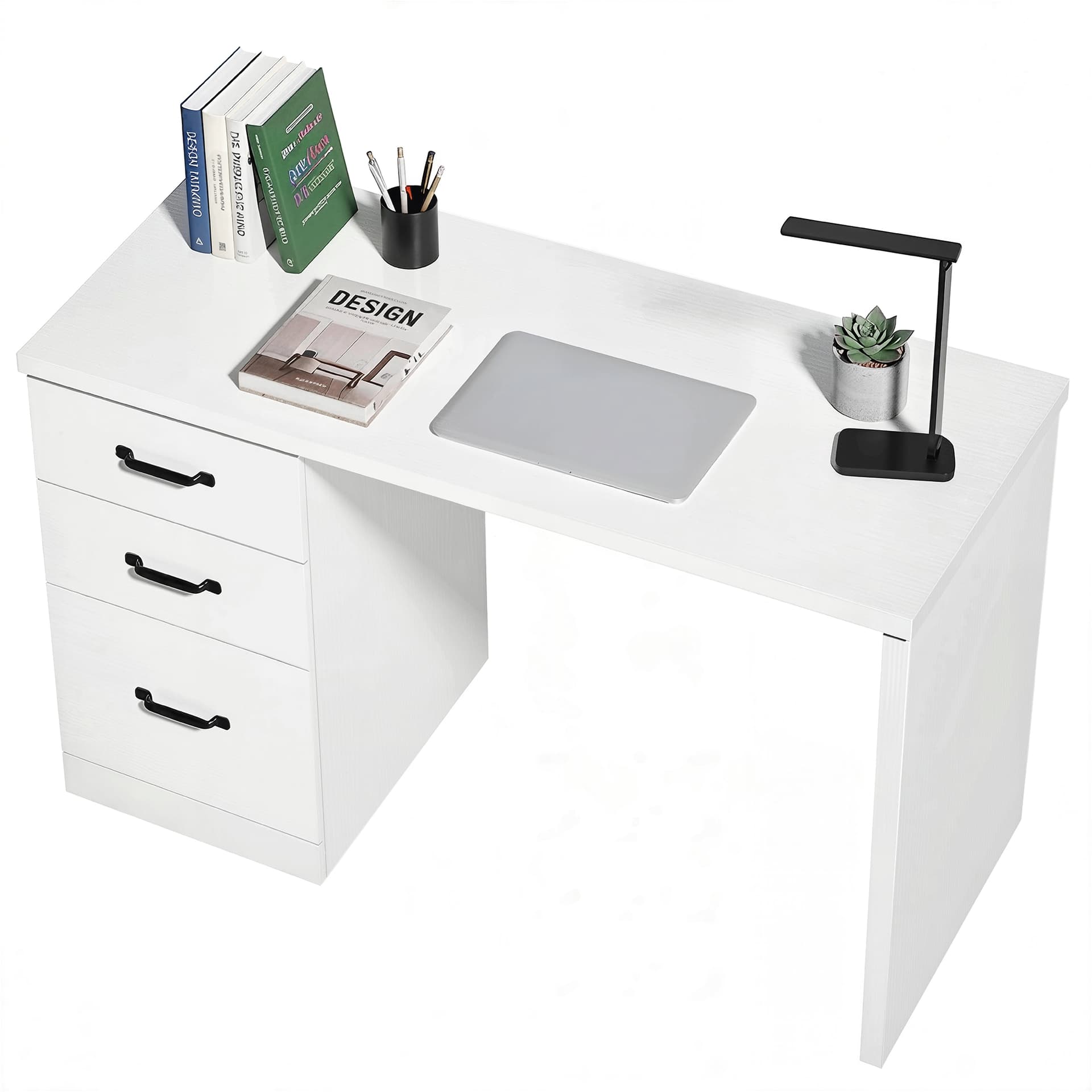 Computer Desk with 3 Drawers, 47" Home Office Desk with Adjustable Hanging Rails for Letter A4 Files, White - Writing Desks - Office Furniture