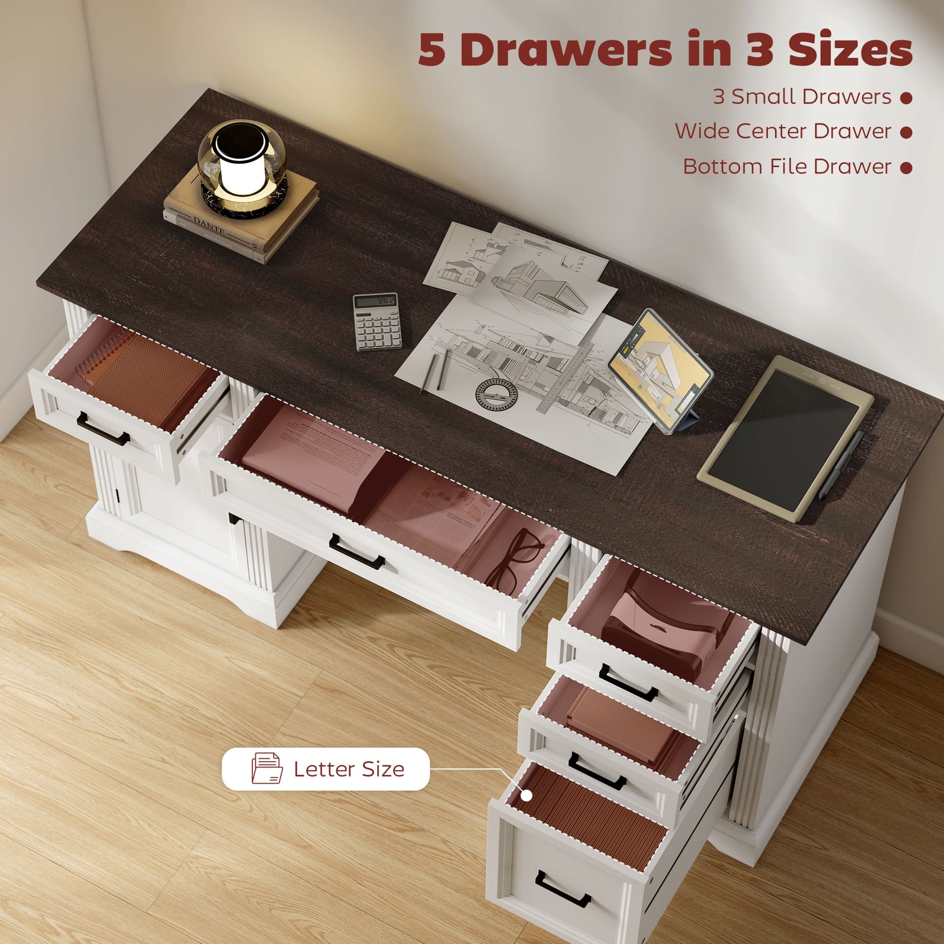 58" Home Office Desk with Soft-Close Drawers, Farmhouse Executive Desk with File Drawer for Letter Size, White - Computer Desks - Office Furniture