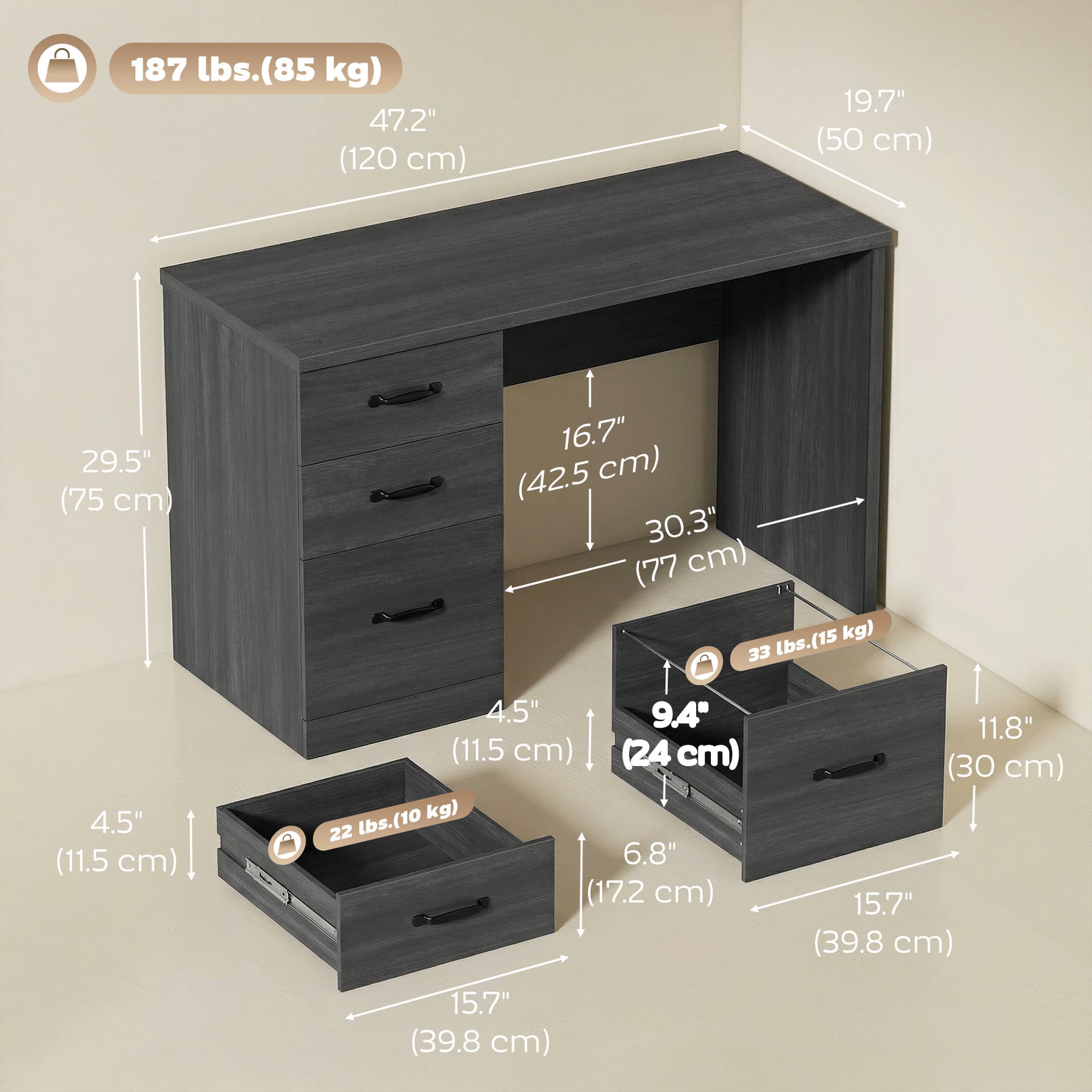 Computer Desk with 3 Drawers, 47" Home Office Desk with Adjustable Hanging Rails for Letter A4 Files, Black - Computer Desks - Office Furniture