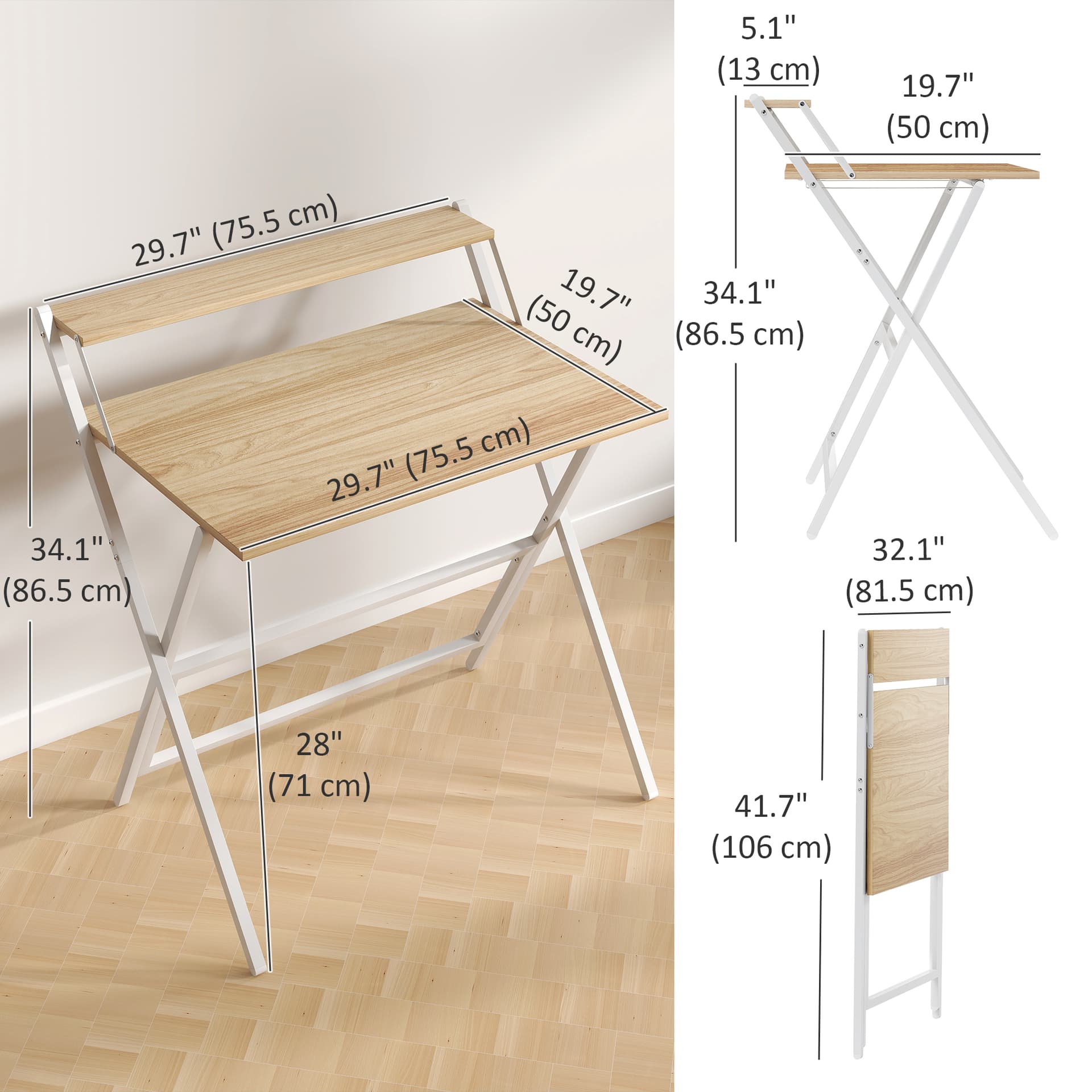 Folding Computer Desk, 32" Foldable Desk with Monitor Shelf for Small Space, Home Office, Easy Assembly, Natural Wood - Office Desks & Work Stations - Office Furniture