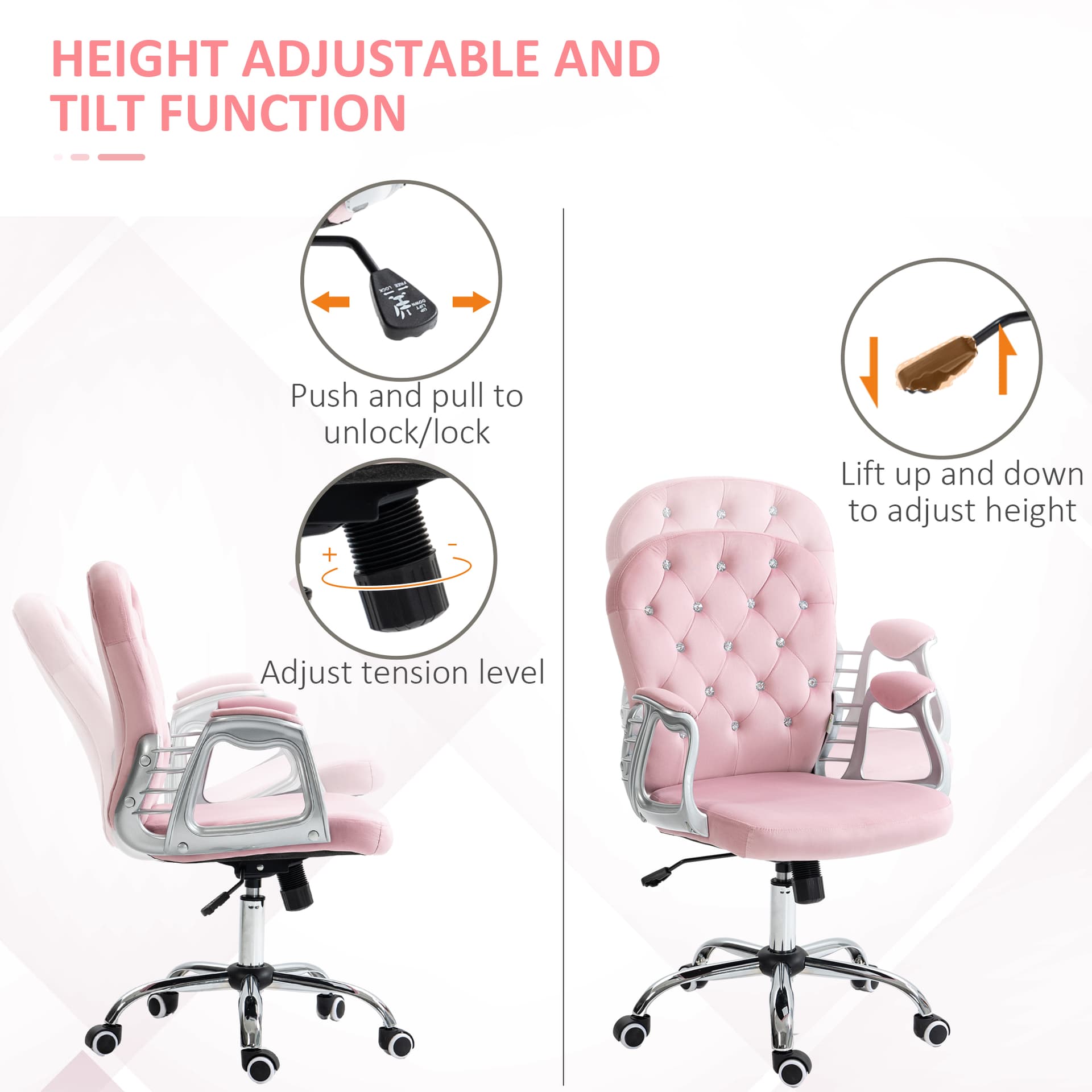 Office Chair, Computer Desk Chair with Adjustable Height and Tufted Back, Pink - Task Chairs - Office Furniture