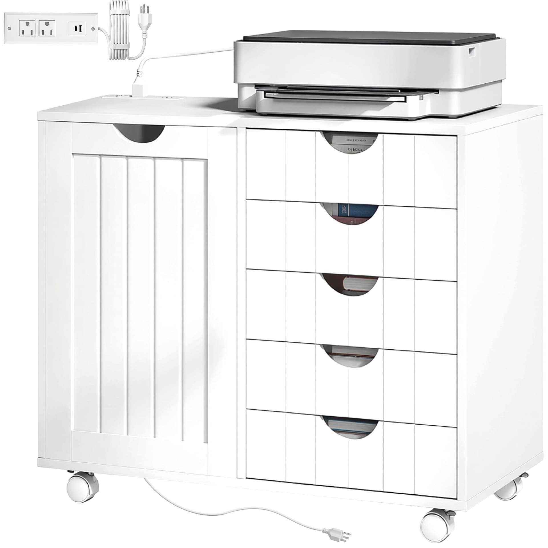 Mobile Lateral Filing Cabinet with 5 Drawers, Printer Stand with Power Outlets and USB Ports for Home Office, White - Office Cabinets & Cupboards - Office Furniture