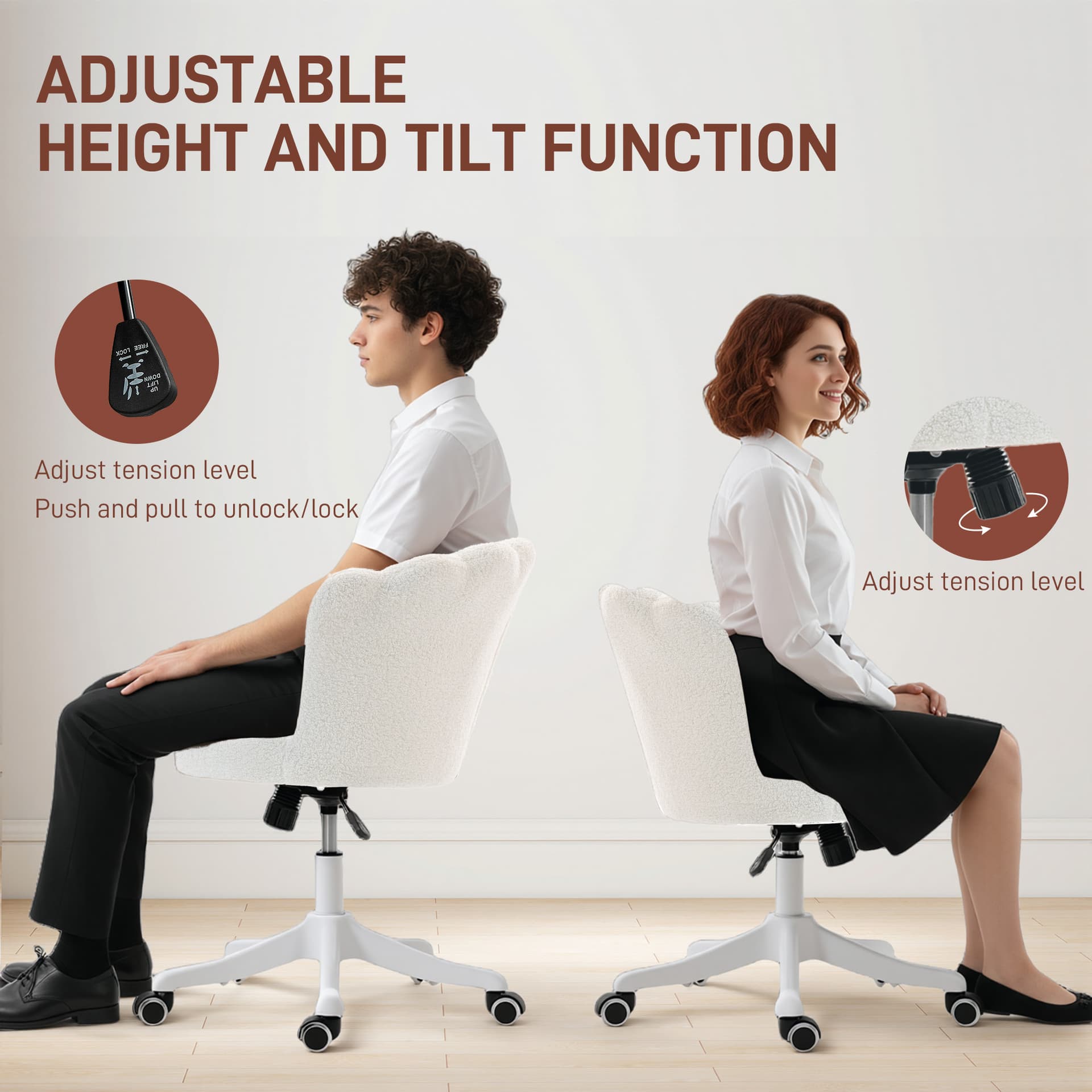 Office Chair, Armless Swivel Desk Chair with Adjustable Height, Backrest, Tilt Function for Office, Vanity, Cream White - Task Chairs - Office Furniture