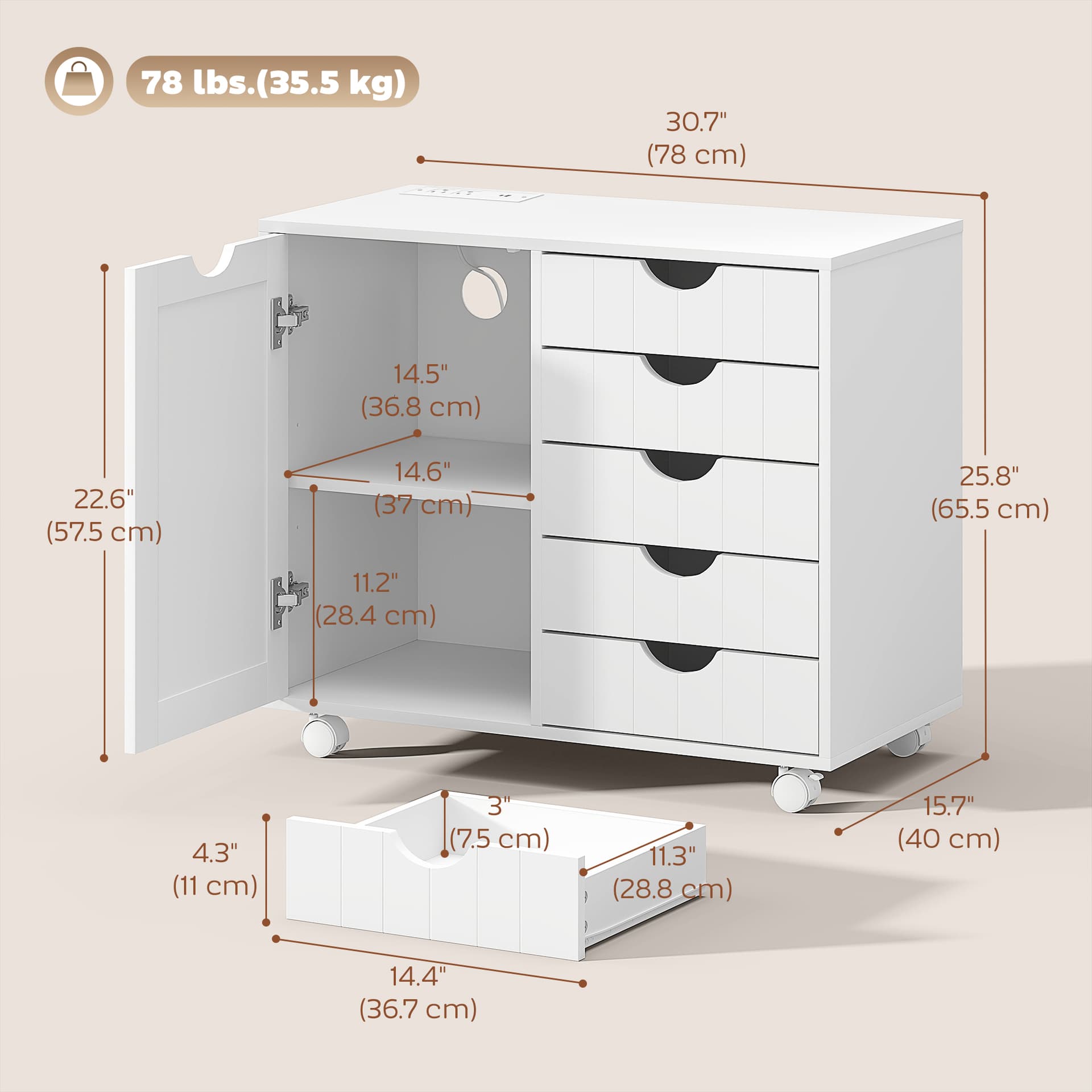 Mobile Lateral Filing Cabinet with 5 Drawers, Printer Stand with Power Outlets and USB Ports for Home Office, White - Office Cabinets & Cupboards - Office Furniture
