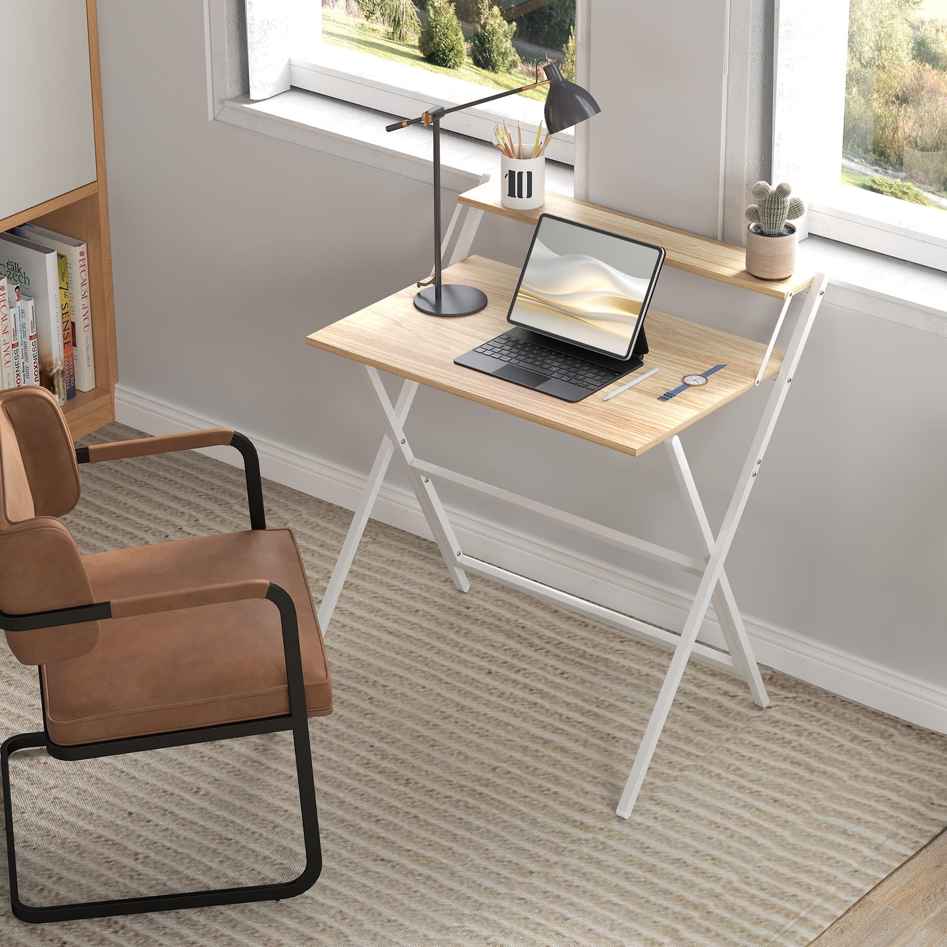 Folding Computer Desk, 32" Foldable Desk with Monitor Shelf for Small Space, Home Office, Easy Assembly, Natural Wood - Office Desks & Work Stations - Office Furniture