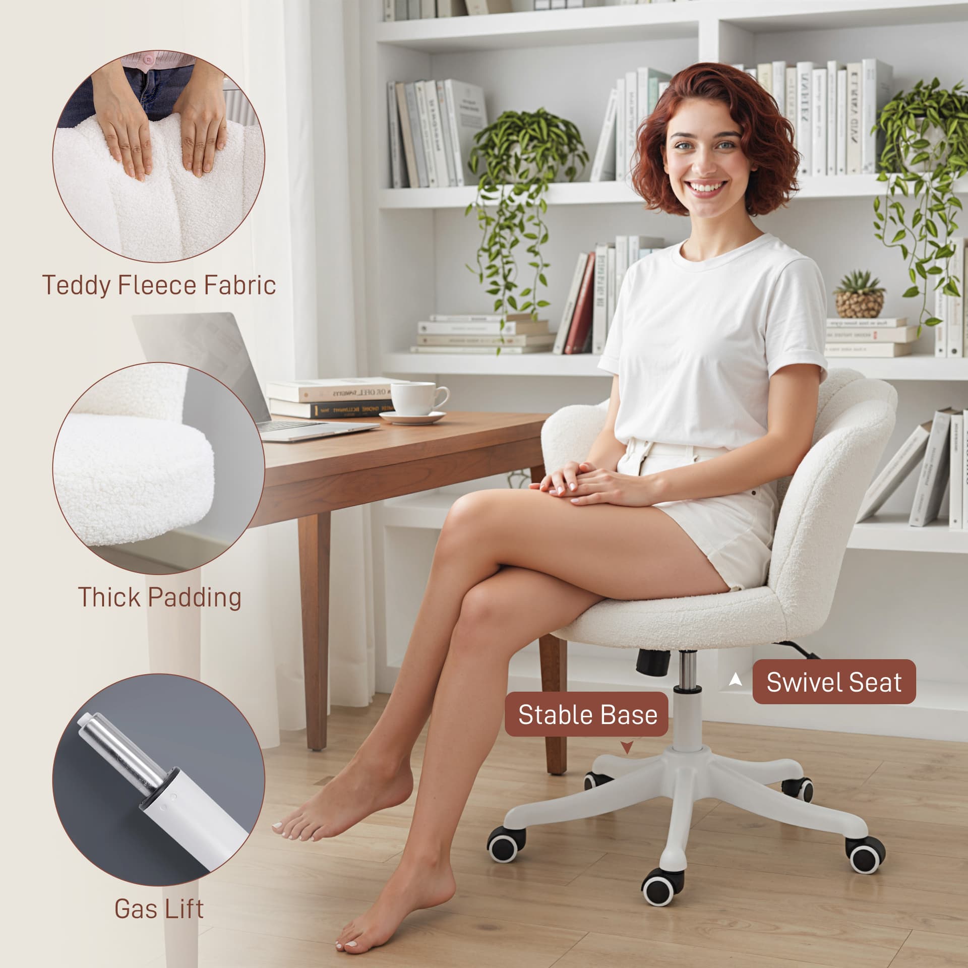 Office Chair, Armless Swivel Desk Chair with Adjustable Height, Backrest, Tilt Function for Office, Vanity, Cream White - Task Chairs - Office Furniture