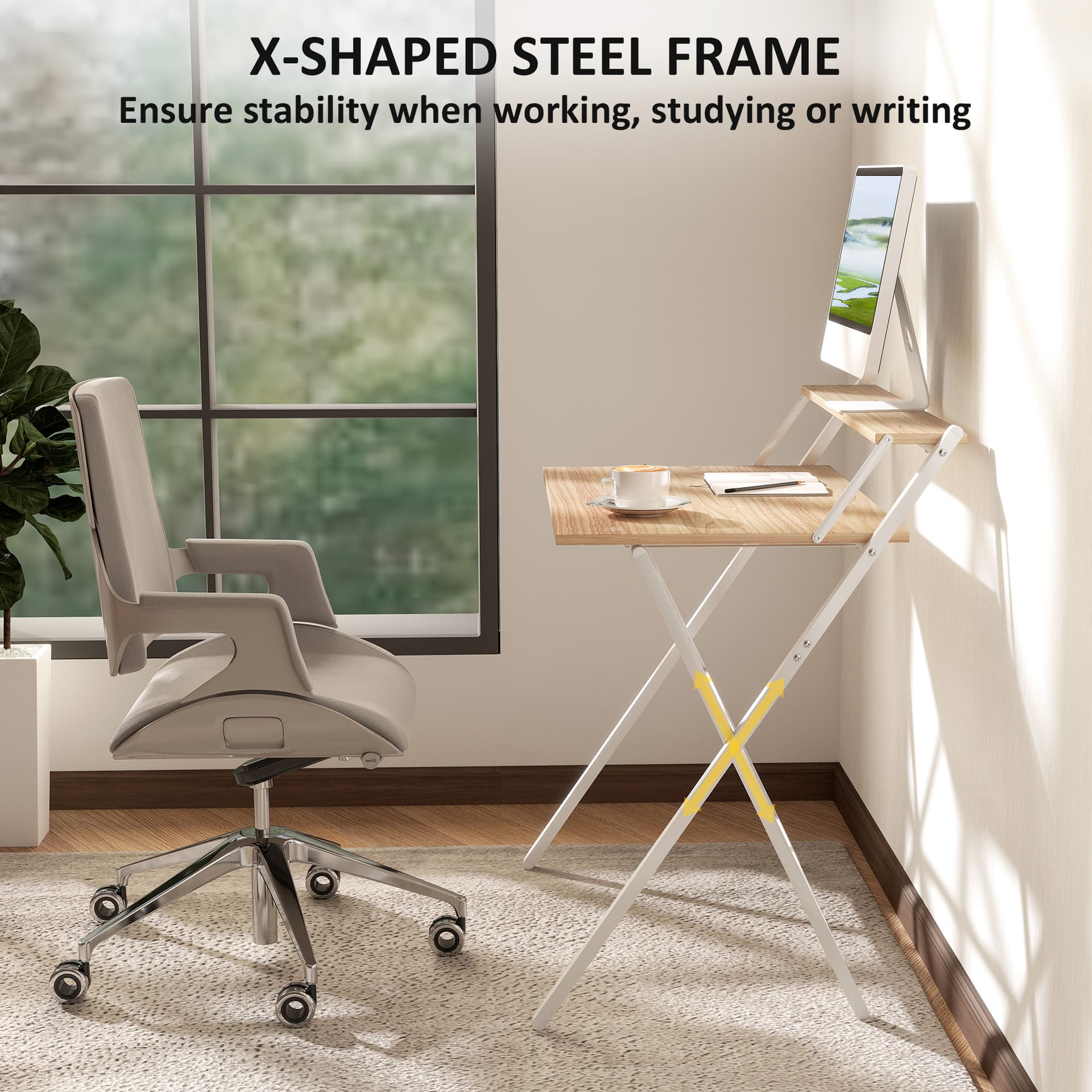 Folding Computer Desk, 32" Foldable Desk with Monitor Shelf for Small Space, Home Office, Easy Assembly, Natural Wood - Office Desks & Work Stations - Office Furniture