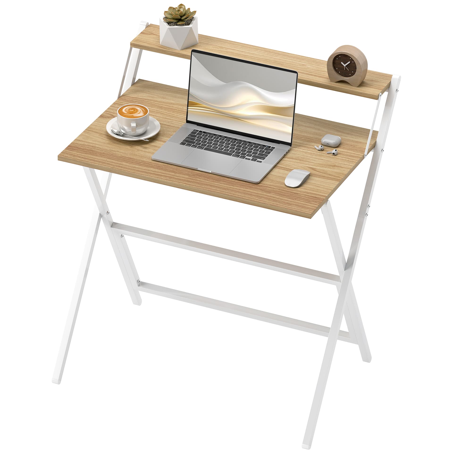 Folding Computer Desk, 32" Foldable Desk with Monitor Shelf for Small Space, Home Office, Easy Assembly, Natural Wood - Office Desks & Work Stations - Office Furniture