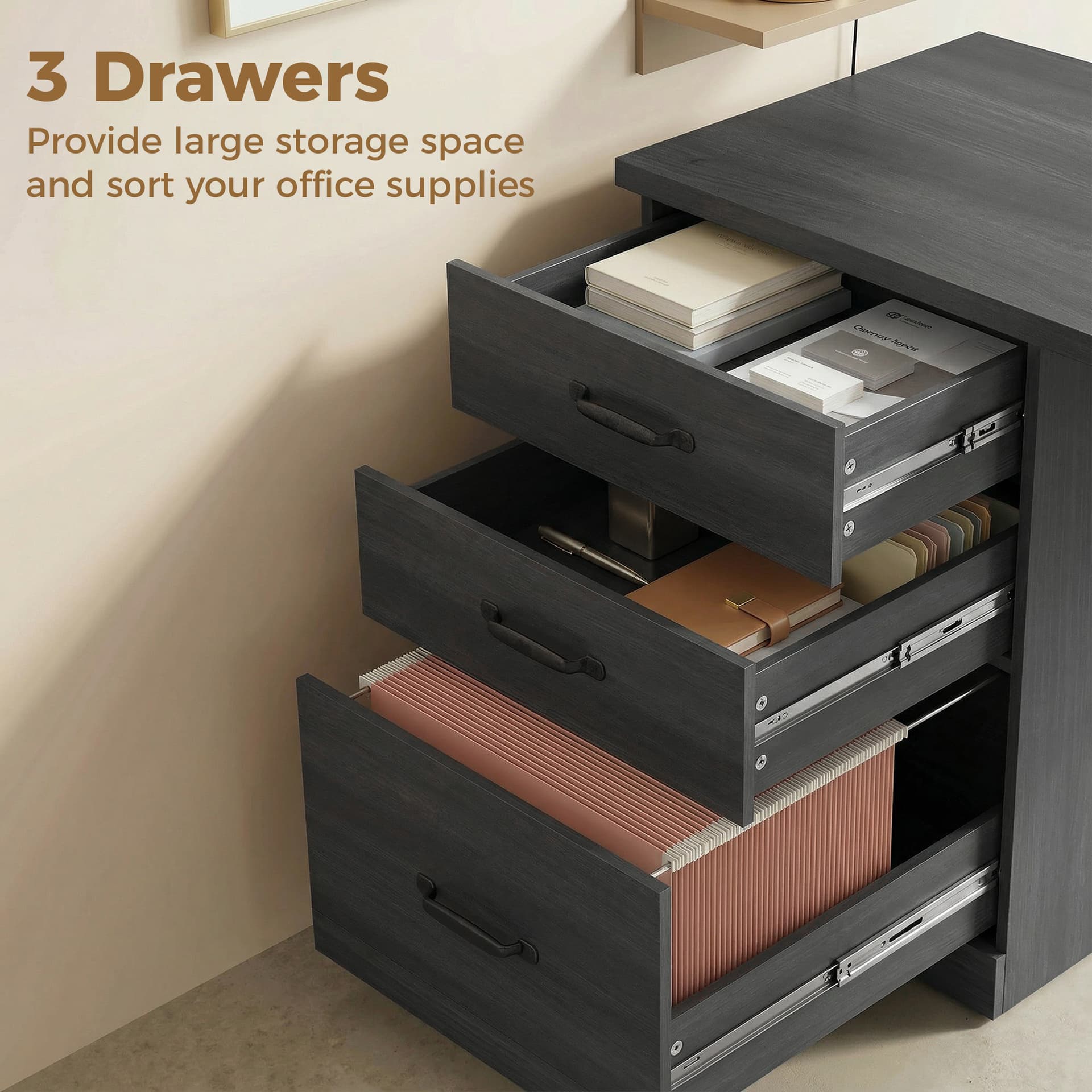 Computer Desk with 3 Drawers, 47" Home Office Desk with Adjustable Hanging Rails for Letter A4 Files, Black - Computer Desks - Office Furniture