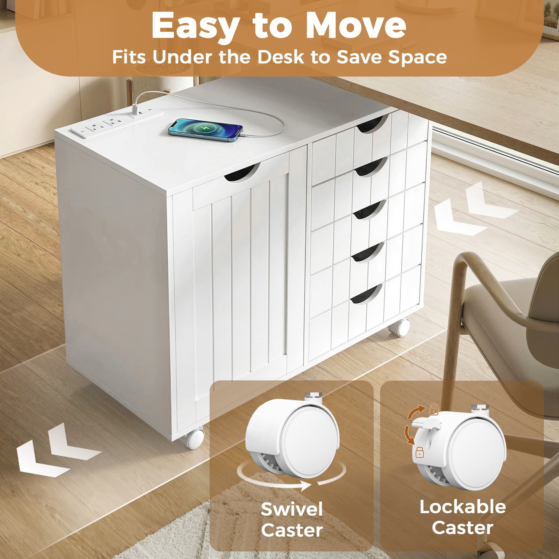 Mobile Lateral Filing Cabinet with 5 Drawers, Printer Stand with Power Outlets and USB Ports for Home Office, White - Office Cabinets & Cupboards - Office Furniture