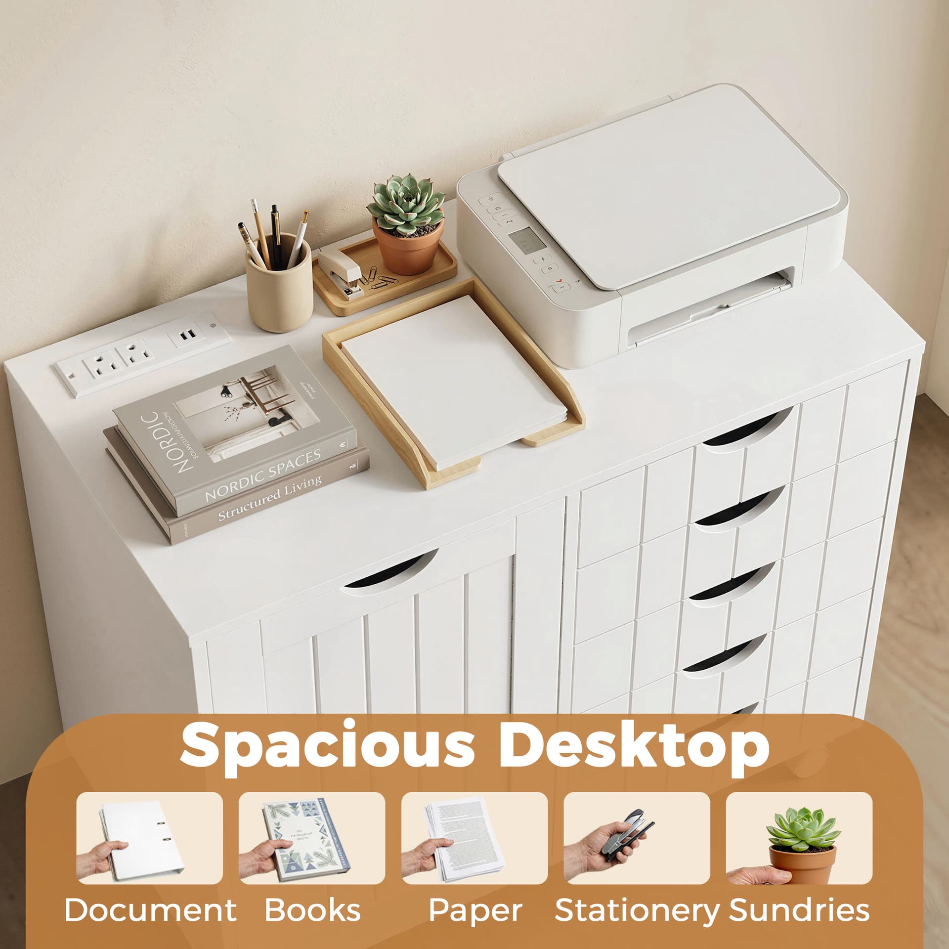 Mobile Lateral Filing Cabinet with 5 Drawers, Printer Stand with Power Outlets and USB Ports for Home Office, White - Office Cabinets & Cupboards - Office Furniture