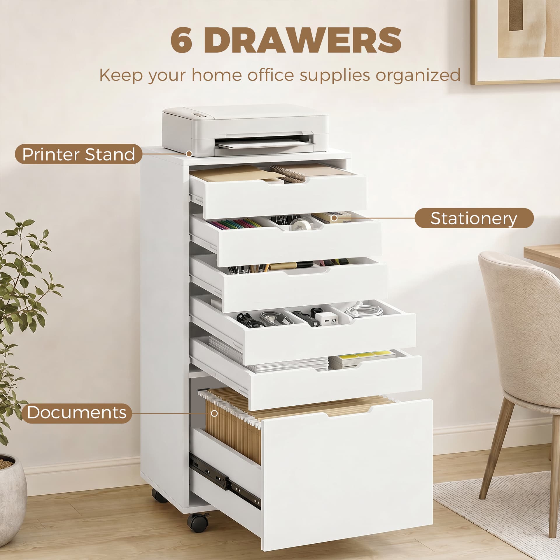 File Cabinet on Wheels Mobile Printer Stand with 5 Drawers for Home Office White - Office Cabinets & Cupboards - Office Furniture
