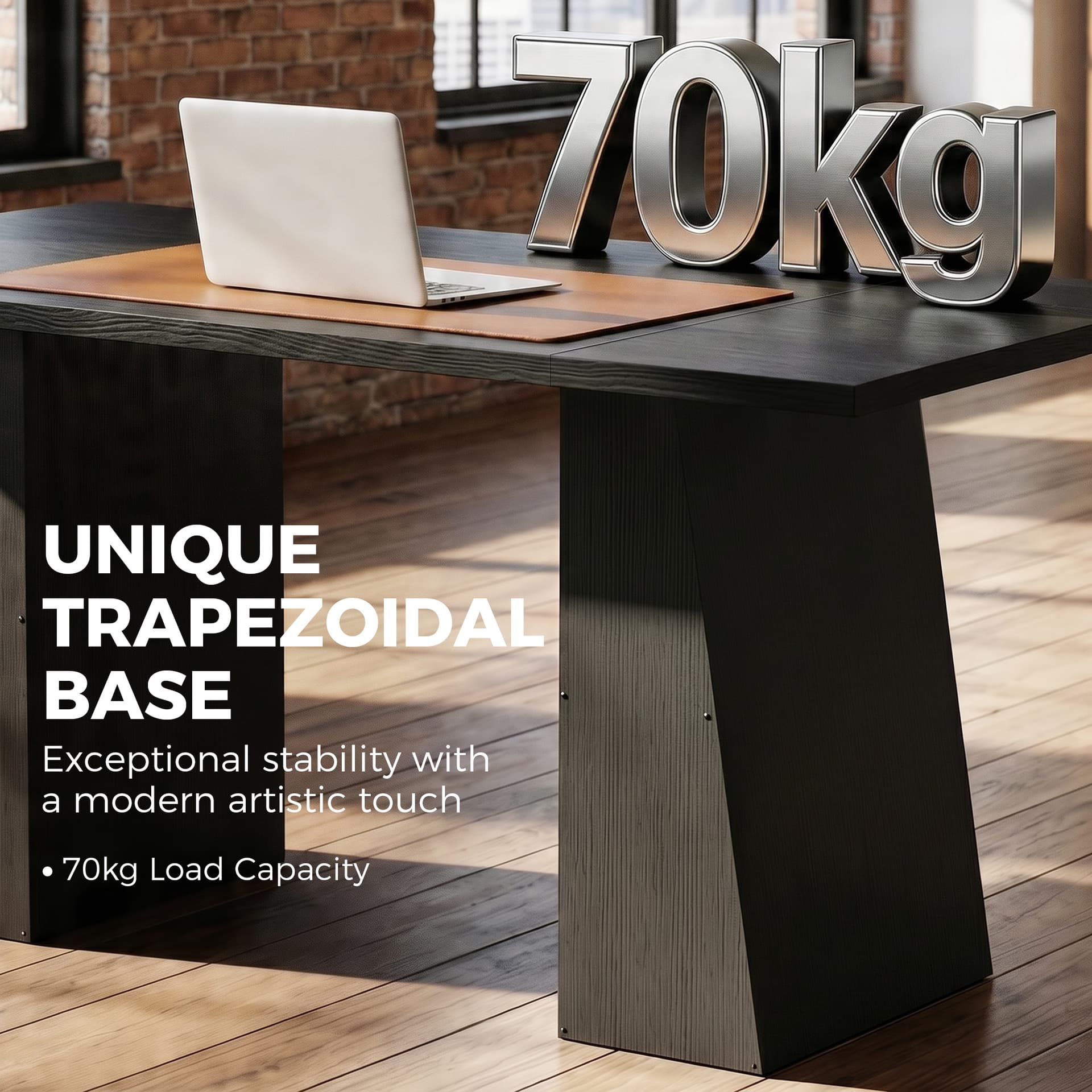 63 Inch Computer Desk with Trapezoidal Frame Light Black Wood Grain - Computer Desks - Office Furniture