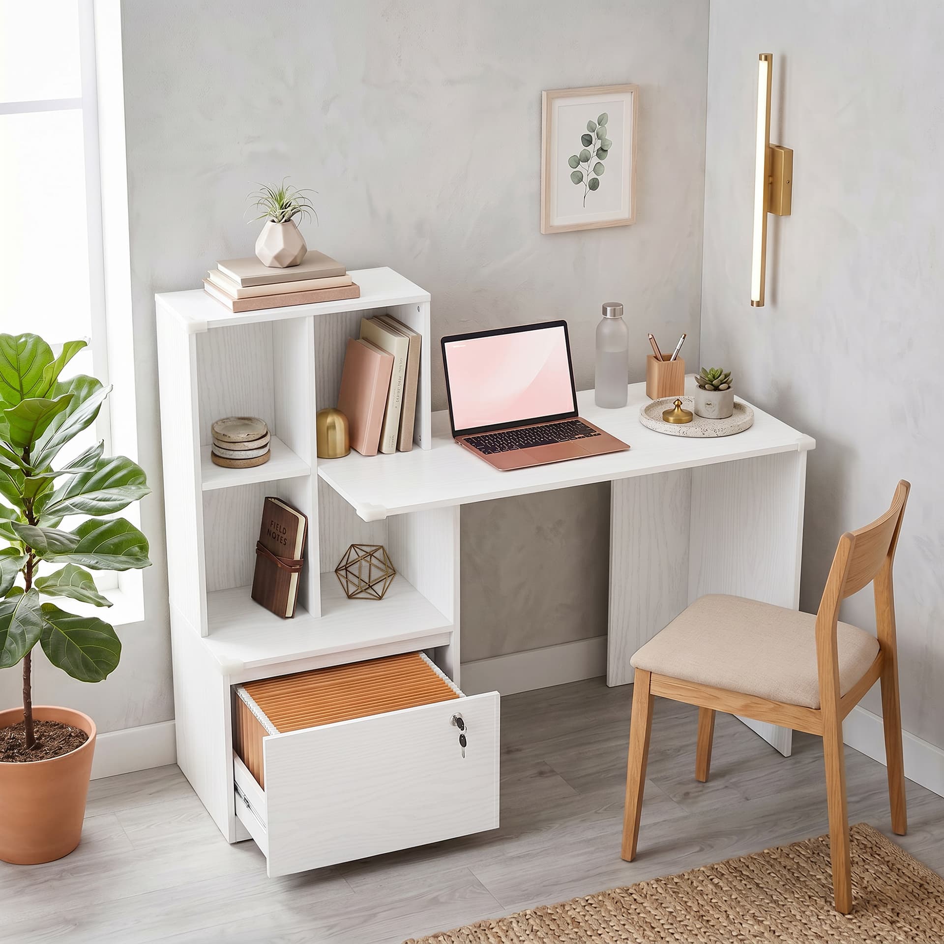 Computer Desk, Office Desk with Bookshelf, File Drawer and Legal Hanging File Holders, White Wood Grain - Computer Desks - Office Furniture