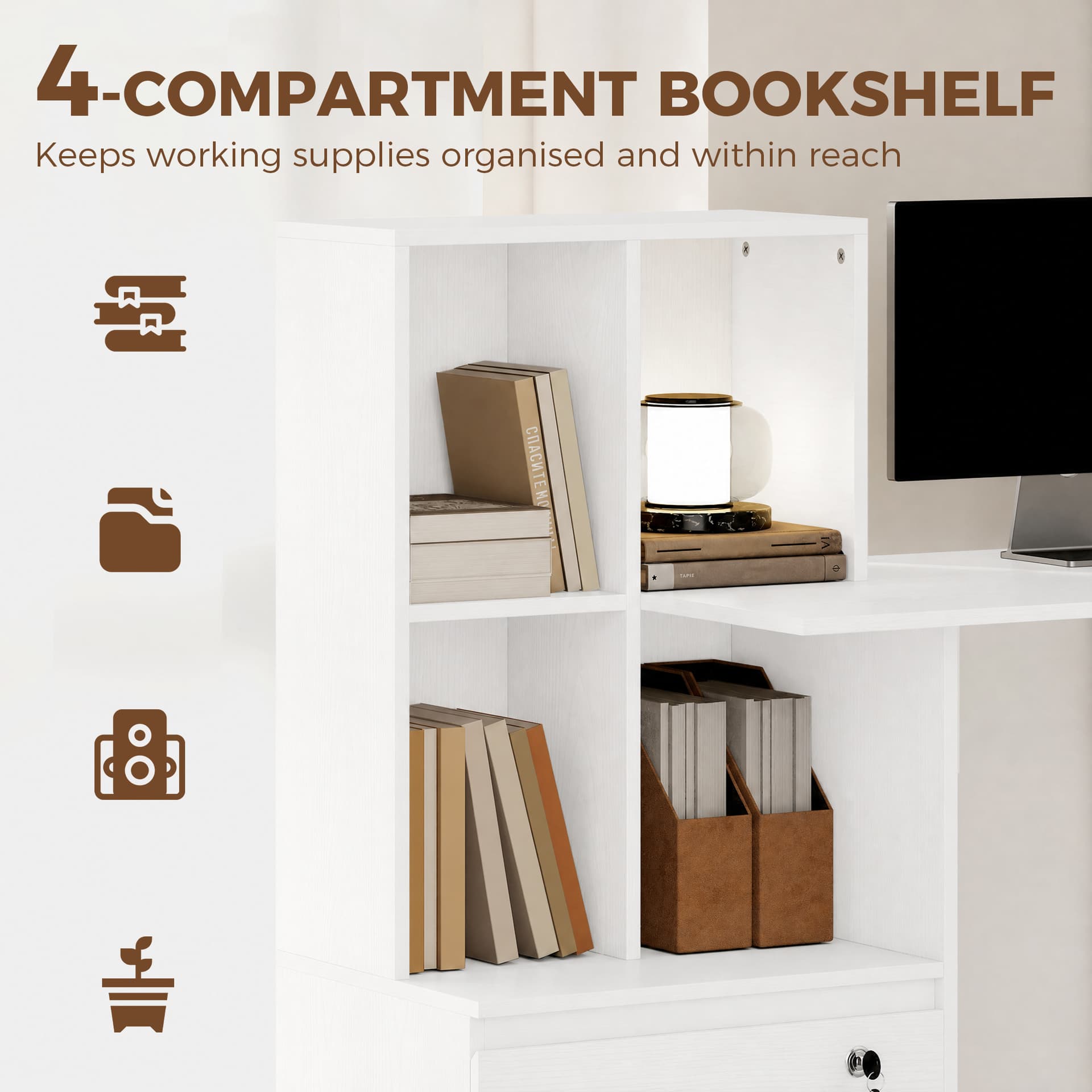 Computer Desk, Office Desk with Bookshelf, File Drawer and Legal Hanging File Holders, White Wood Grain - Computer Desks - Office Furniture