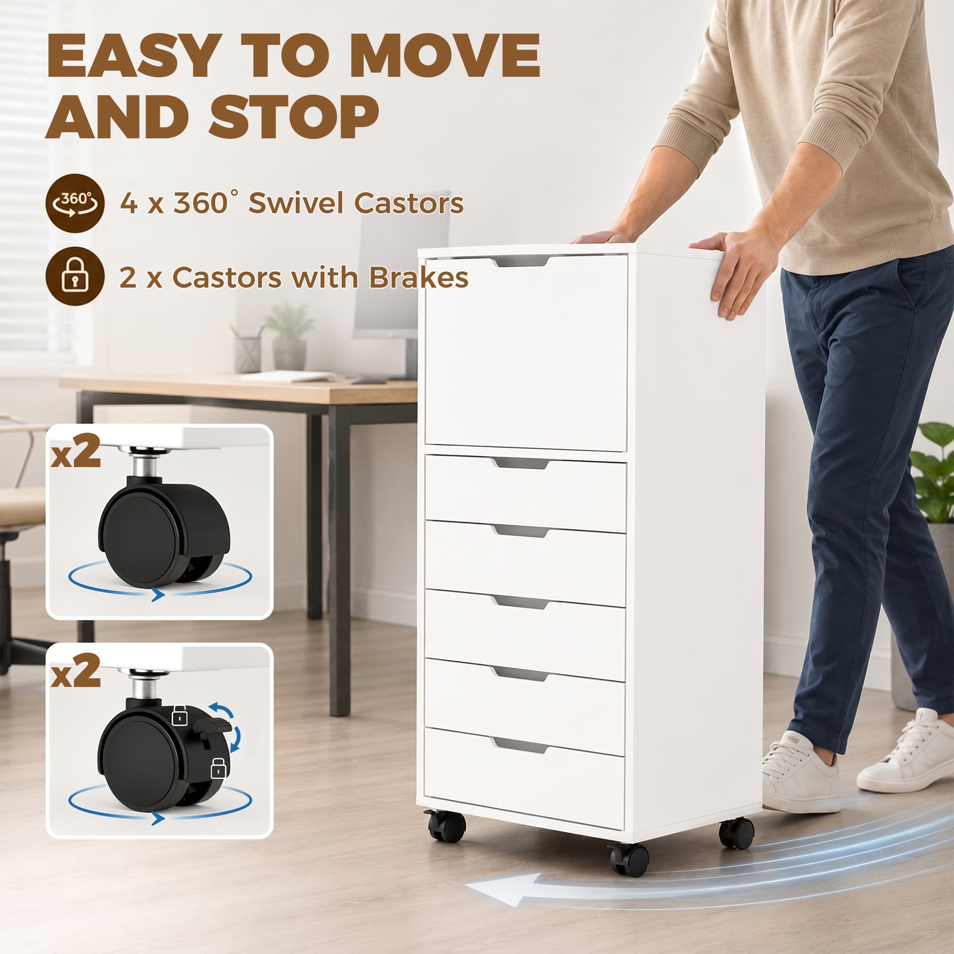 File Cabinet on Wheels Mobile Printer Stand with 5 Drawers for Home Office White - Office Cabinets & Cupboards - Office Furniture