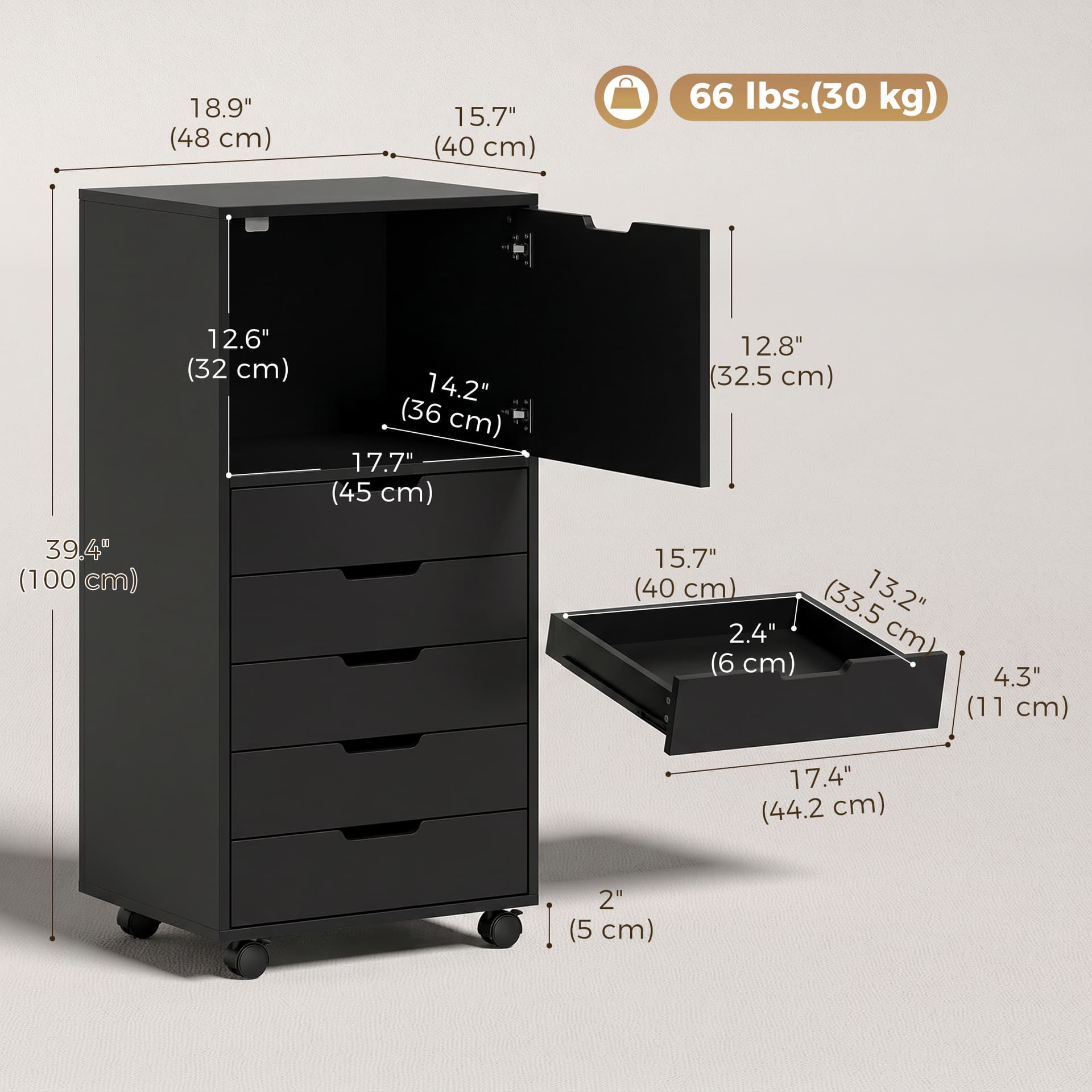 File Cabinet on Wheels Mobile Printer Stand with 5 Drawers for Home Office Black - Office Cabinets & Cupboards - Office Furniture