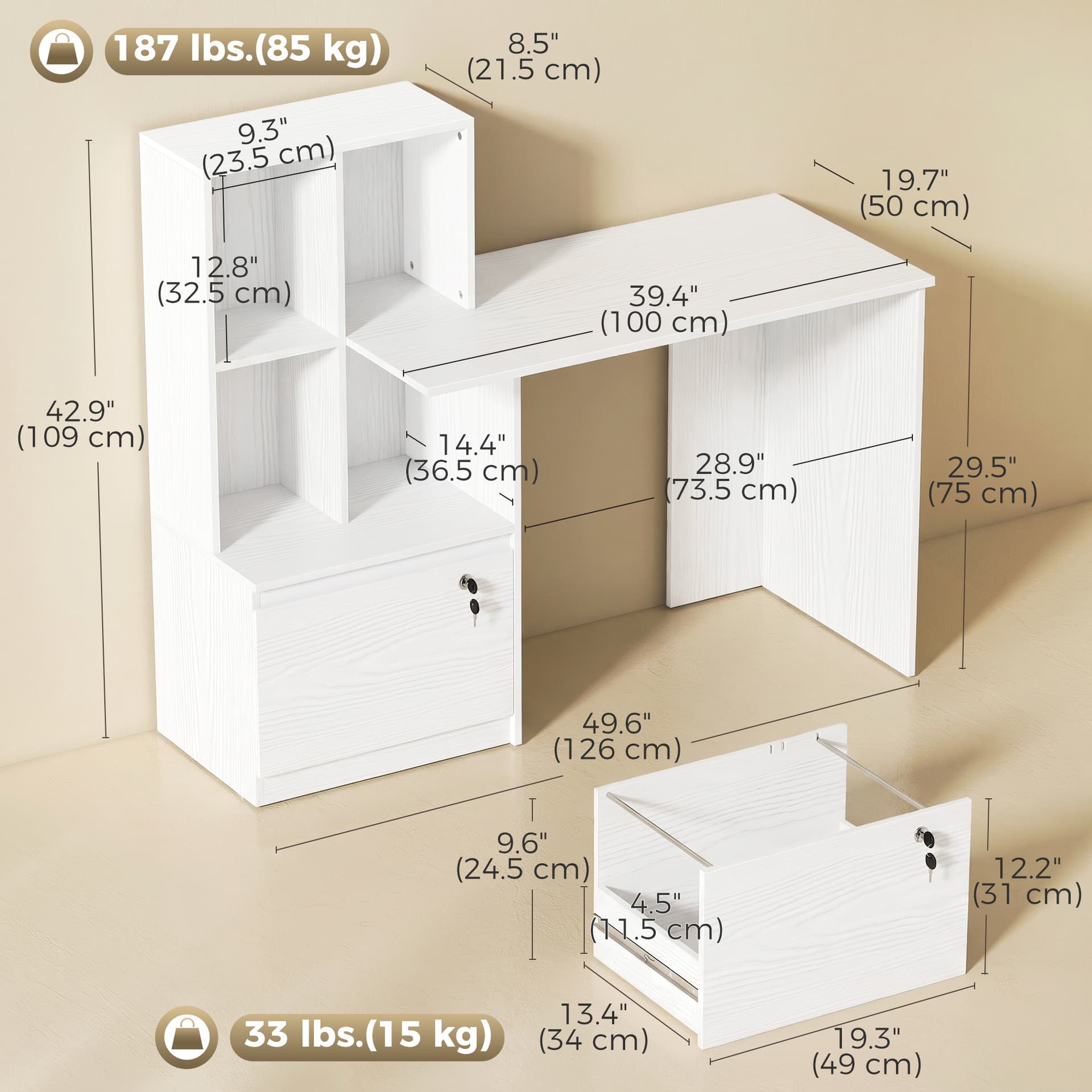 Computer Desk, Office Desk with Bookshelf, File Drawer and Legal Hanging File Holders, White Wood Grain - Computer Desks - Office Furniture