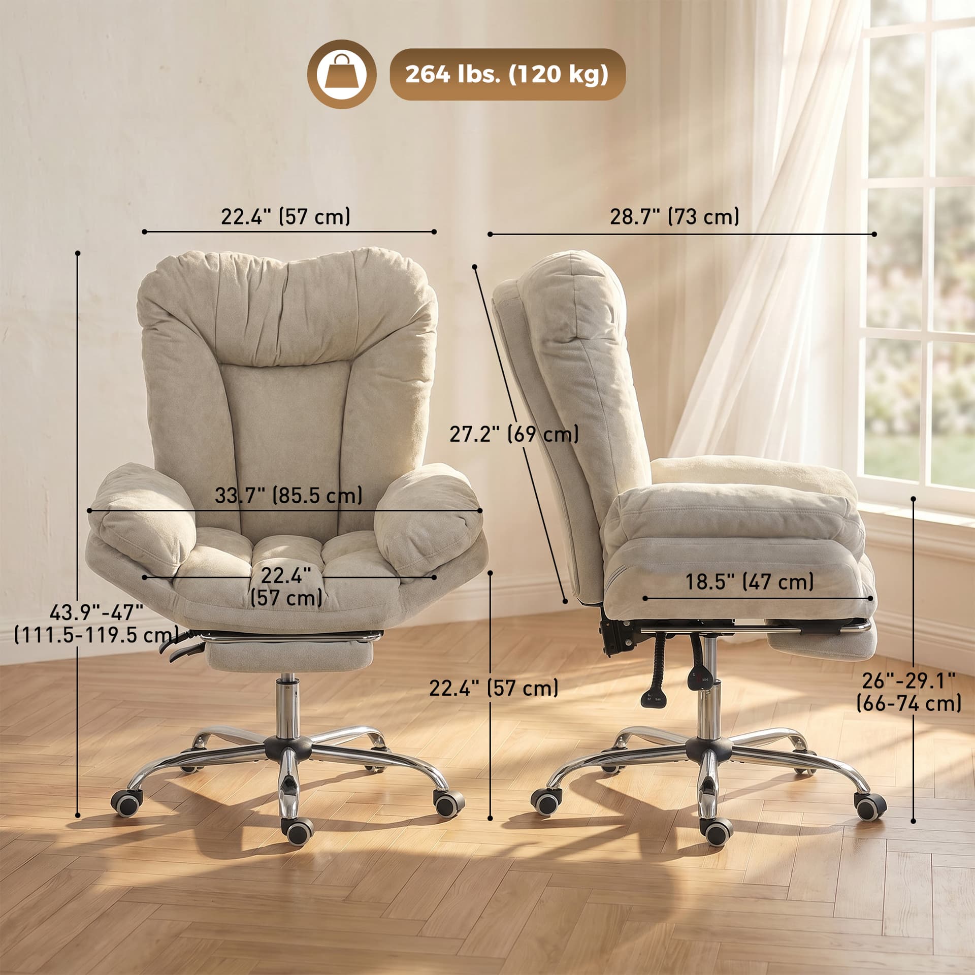 Criss Cross Chair with Wheels, Waterfall Armrests, Overstuffed Wide Office Chair with Footrest, Light Grey - Task Chairs - Office Furniture