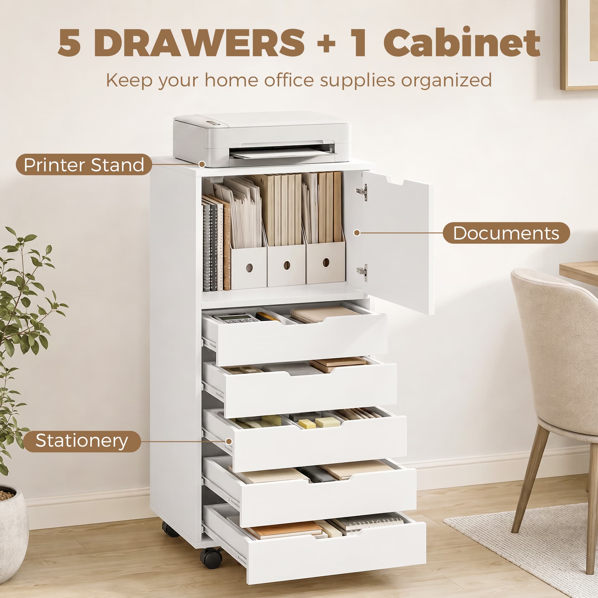 File Cabinet on Wheels Mobile Printer Stand with 5 Drawers for Home Office White - Office Cabinets & Cupboards - Office Furniture