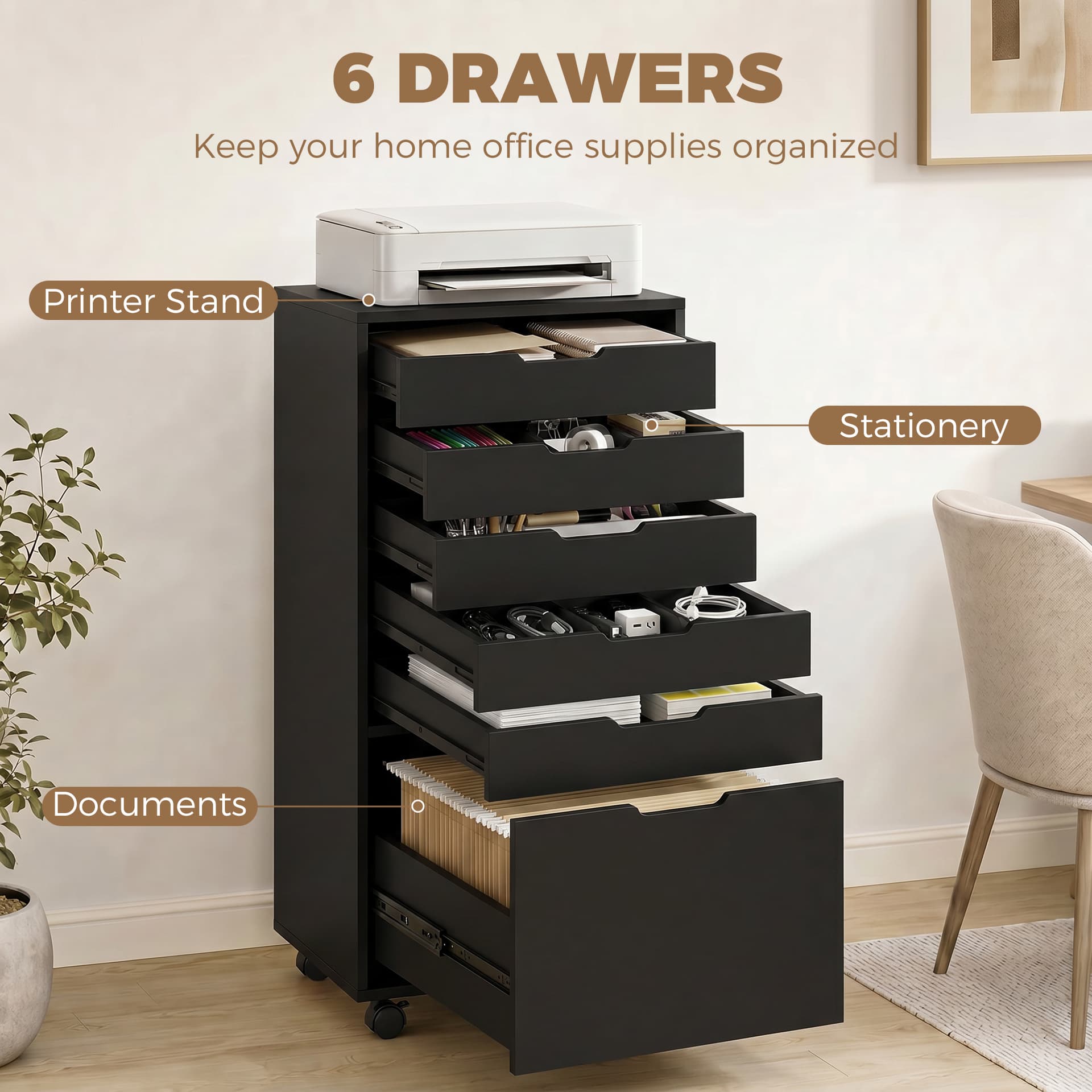 File Cabinet on Wheels Mobile Printer Stand with 5 Drawers for Home Office Black - Office Cabinets & Cupboards - Office Furniture