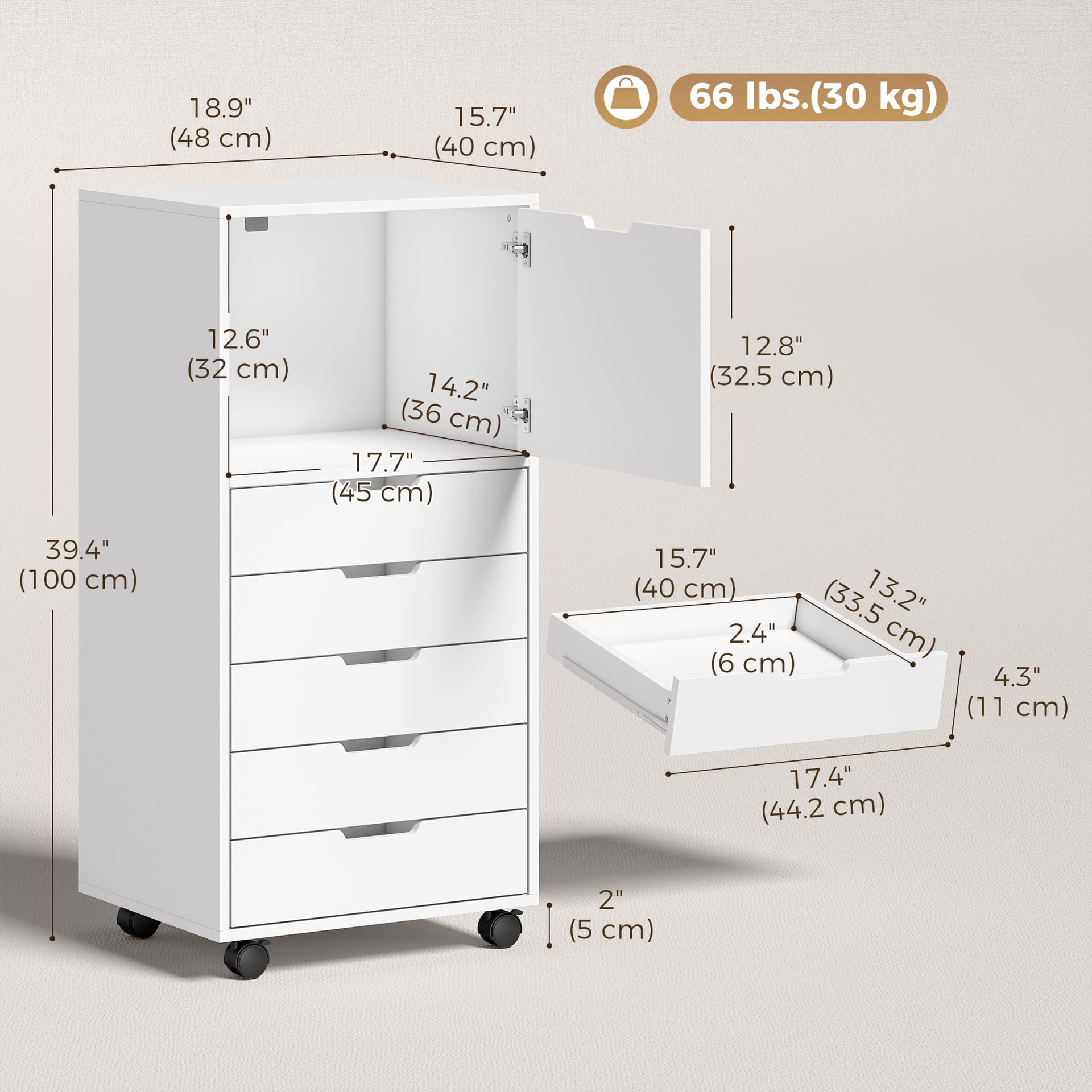 File Cabinet on Wheels Mobile Printer Stand with 5 Drawers for Home Office White - Office Cabinets & Cupboards - Office Furniture