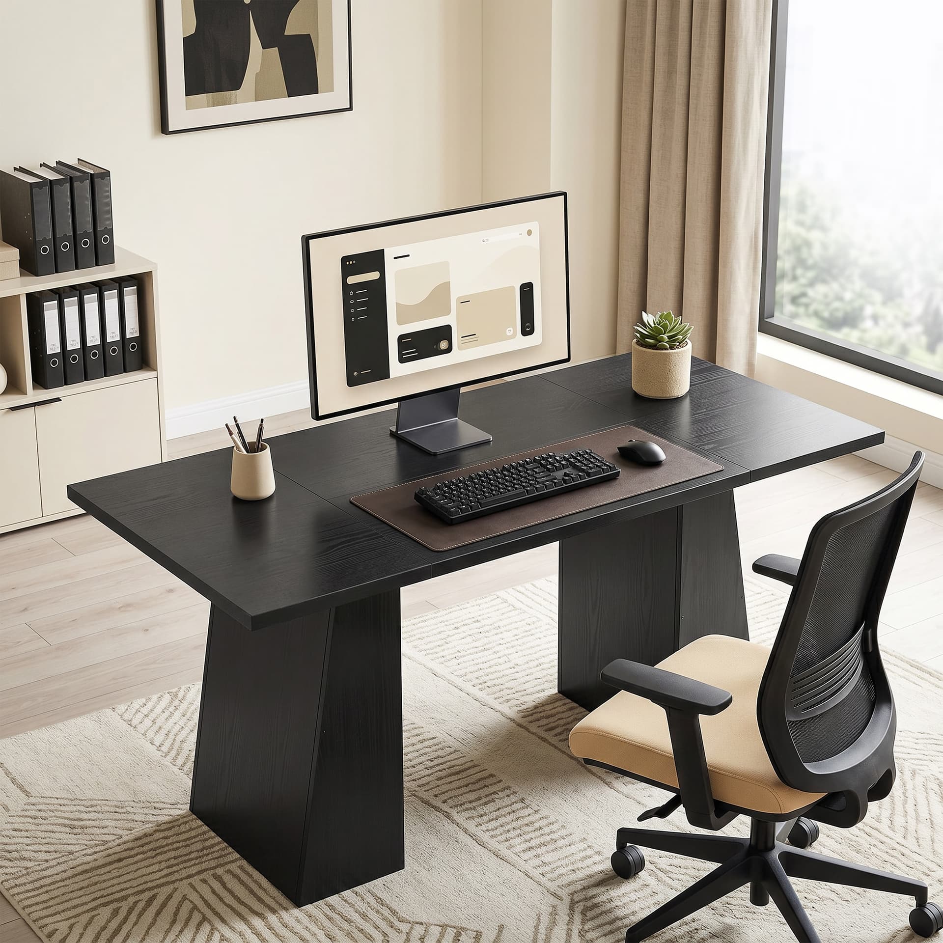 63 Inch Computer Desk with Trapezoidal Frame Light Black Wood Grain - Computer Desks - Office Furniture