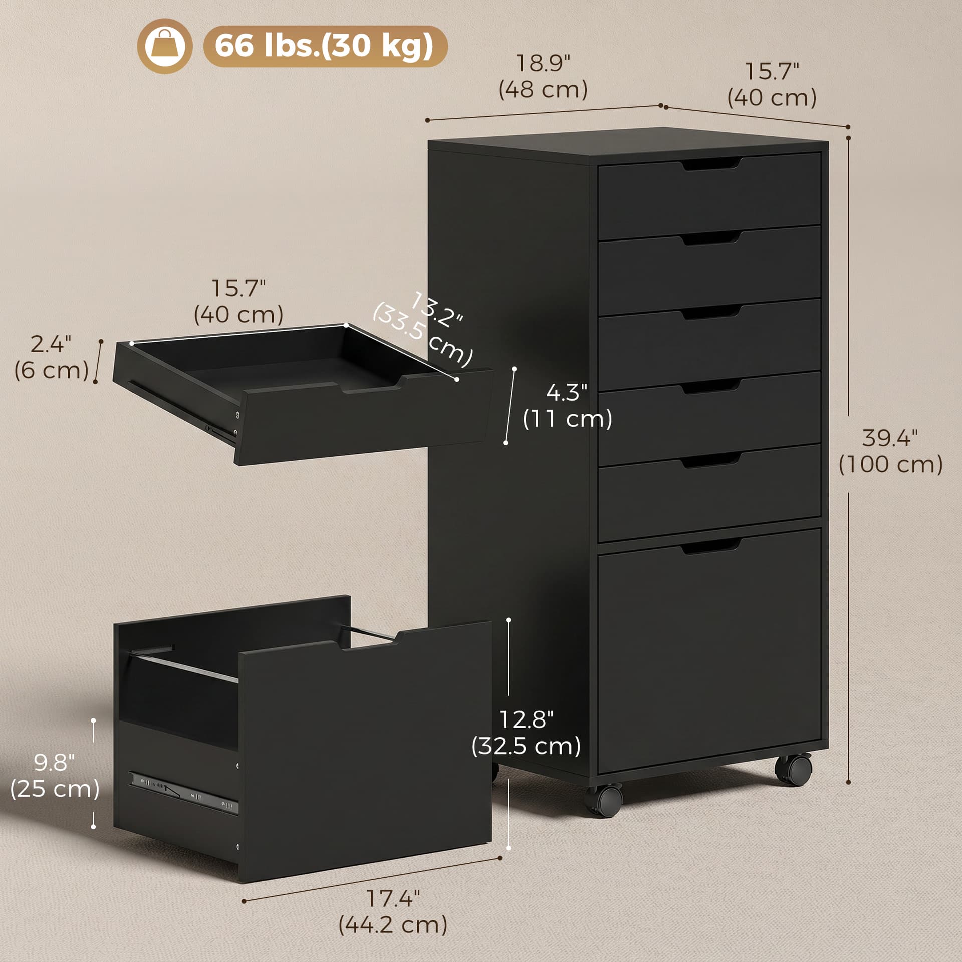 File Cabinet on Wheels Mobile Printer Stand with 5 Drawers for Home Office Black - Office Cabinets & Cupboards - Office Furniture