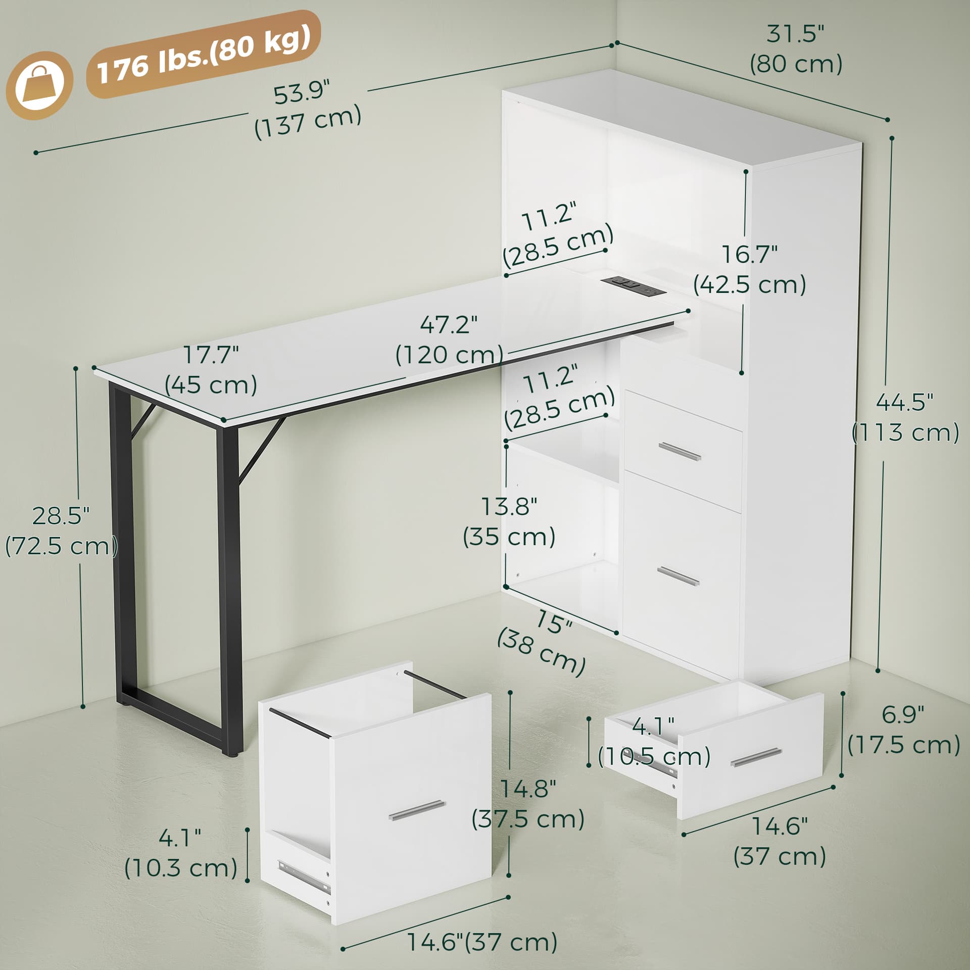 54" Computer Desk with Drawers, Home Office Desk with Storage, Power Outlets and LED Lights, White - Computer Desks - Office Furniture