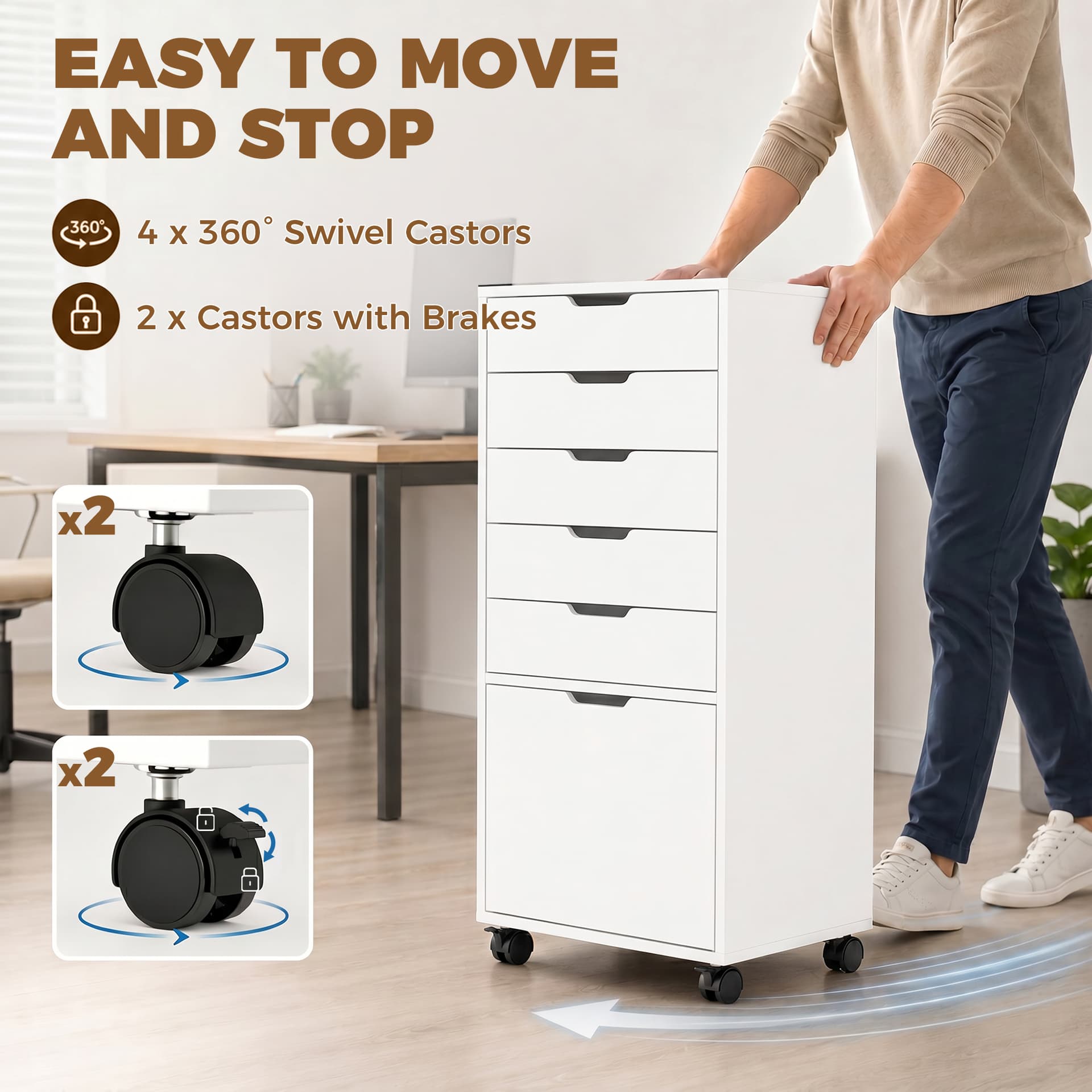 File Cabinet on Wheels Mobile Printer Stand with 5 Drawers for Home Office White - Office Cabinets & Cupboards - Office Furniture