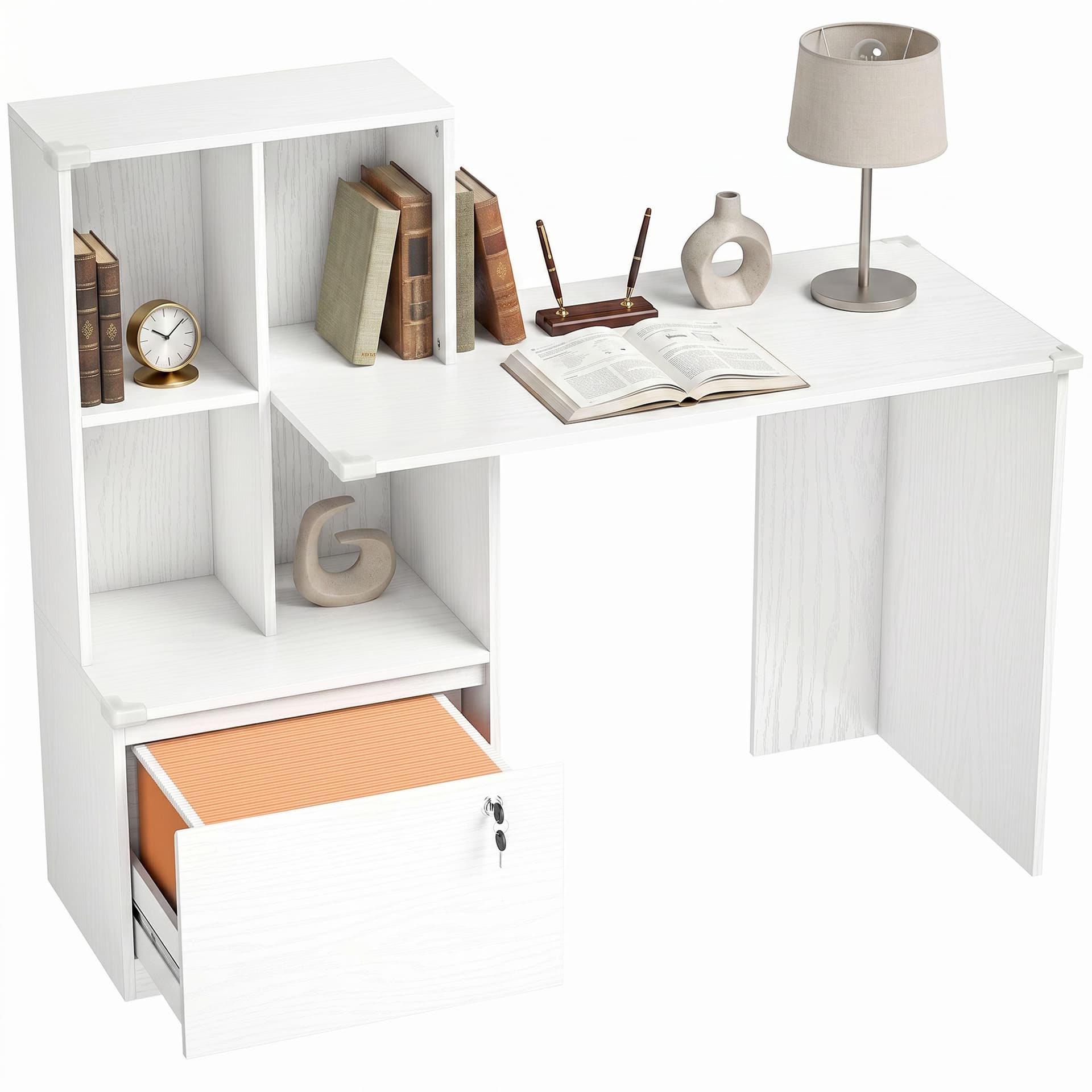 Computer Desk, Office Desk with Bookshelf, File Drawer and Legal Hanging File Holders, White Wood Grain - Computer Desks - Office Furniture