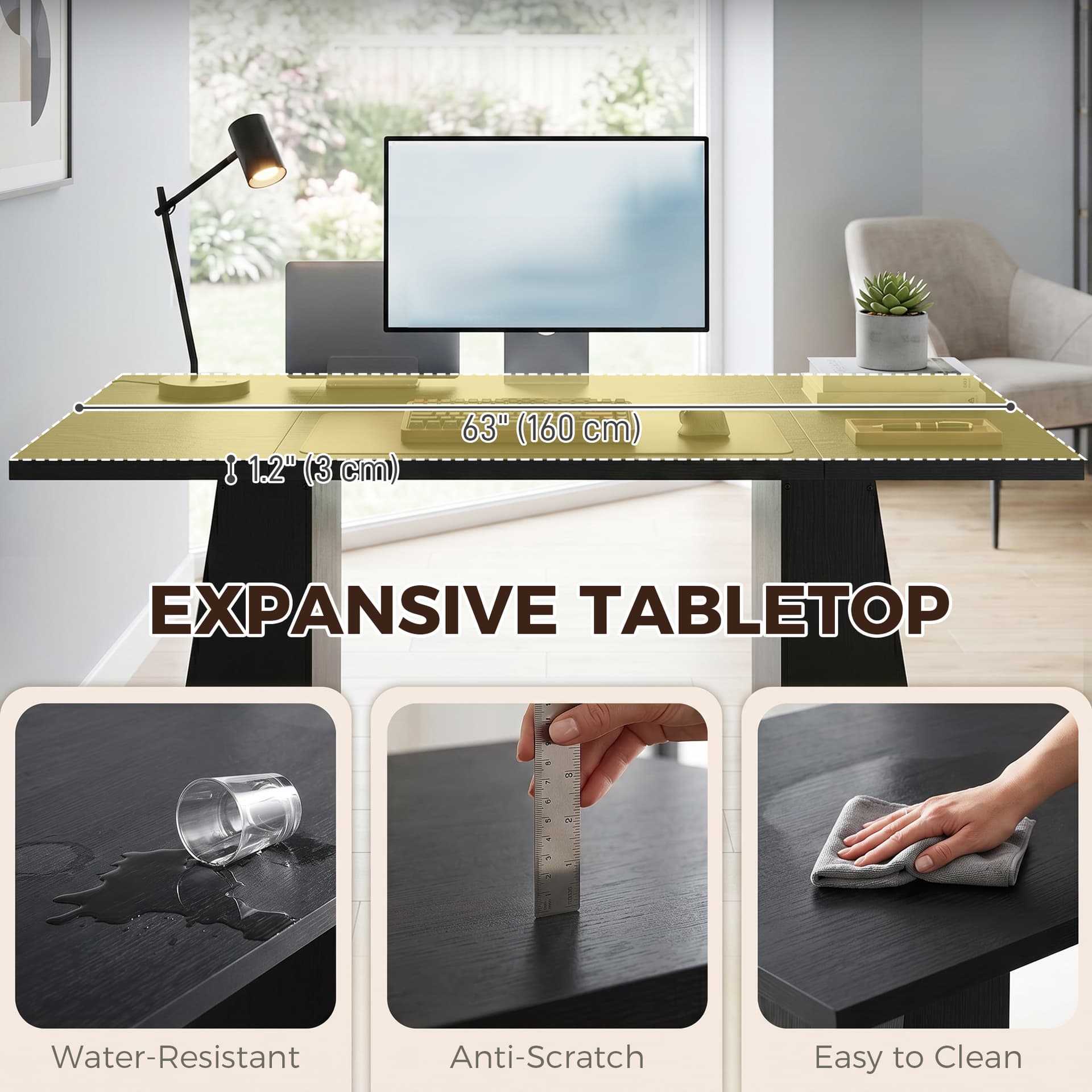 63 Inch Computer Desk with Trapezoidal Frame Light Black Wood Grain - Computer Desks - Office Furniture