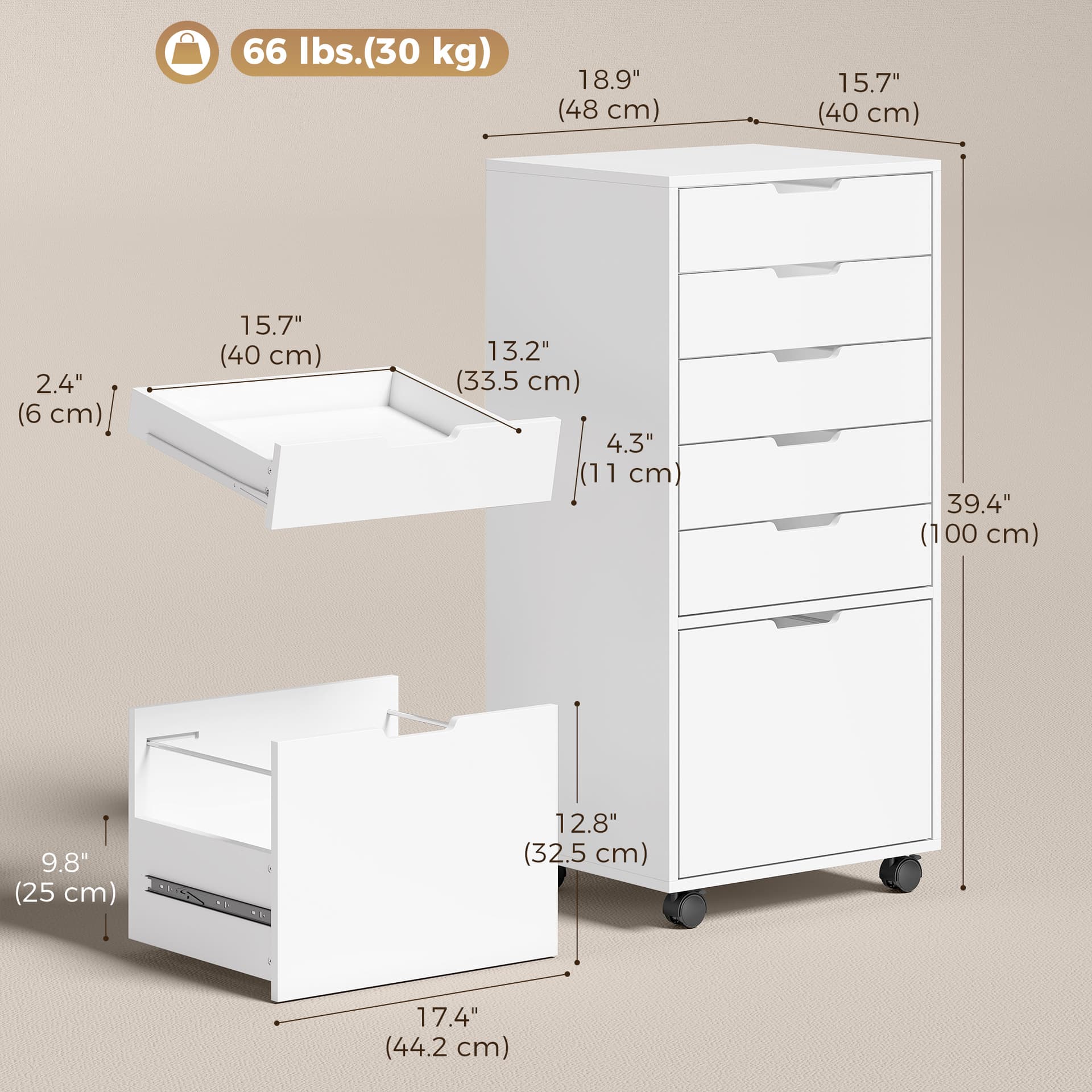 File Cabinet on Wheels Mobile Printer Stand with 5 Drawers for Home Office White - Office Cabinets & Cupboards - Office Furniture