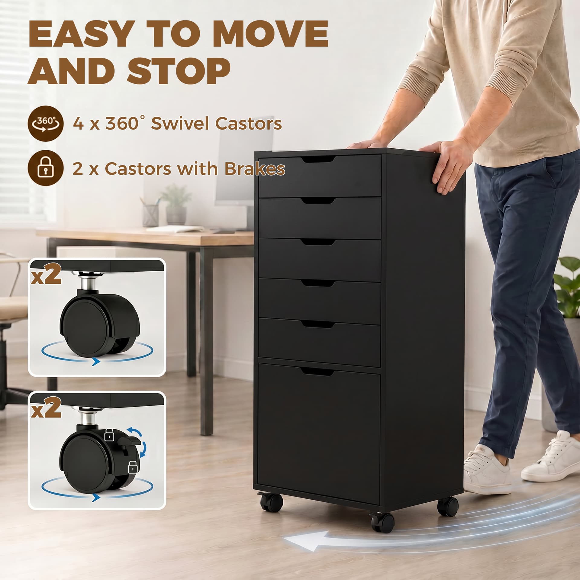 File Cabinet on Wheels Mobile Printer Stand with 5 Drawers for Home Office Black - Office Cabinets & Cupboards - Office Furniture