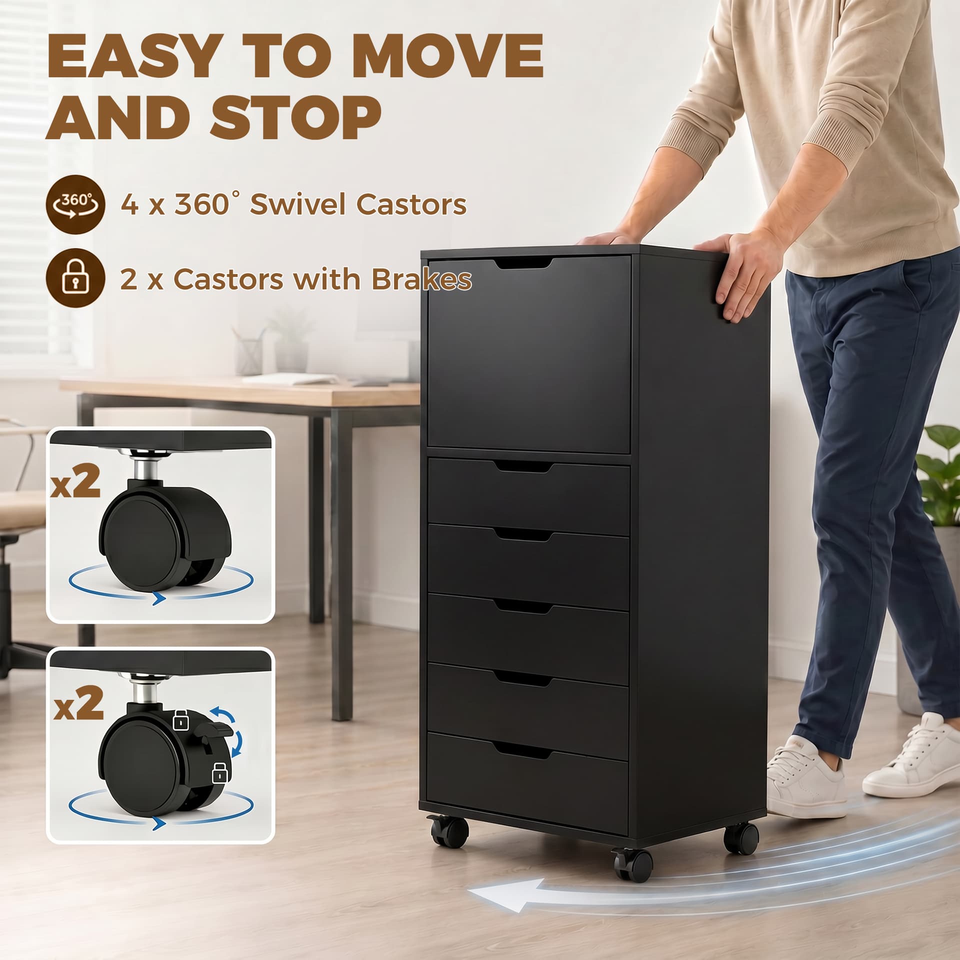 File Cabinet on Wheels Mobile Printer Stand with 5 Drawers for Home Office Black - Office Cabinets & Cupboards - Office Furniture