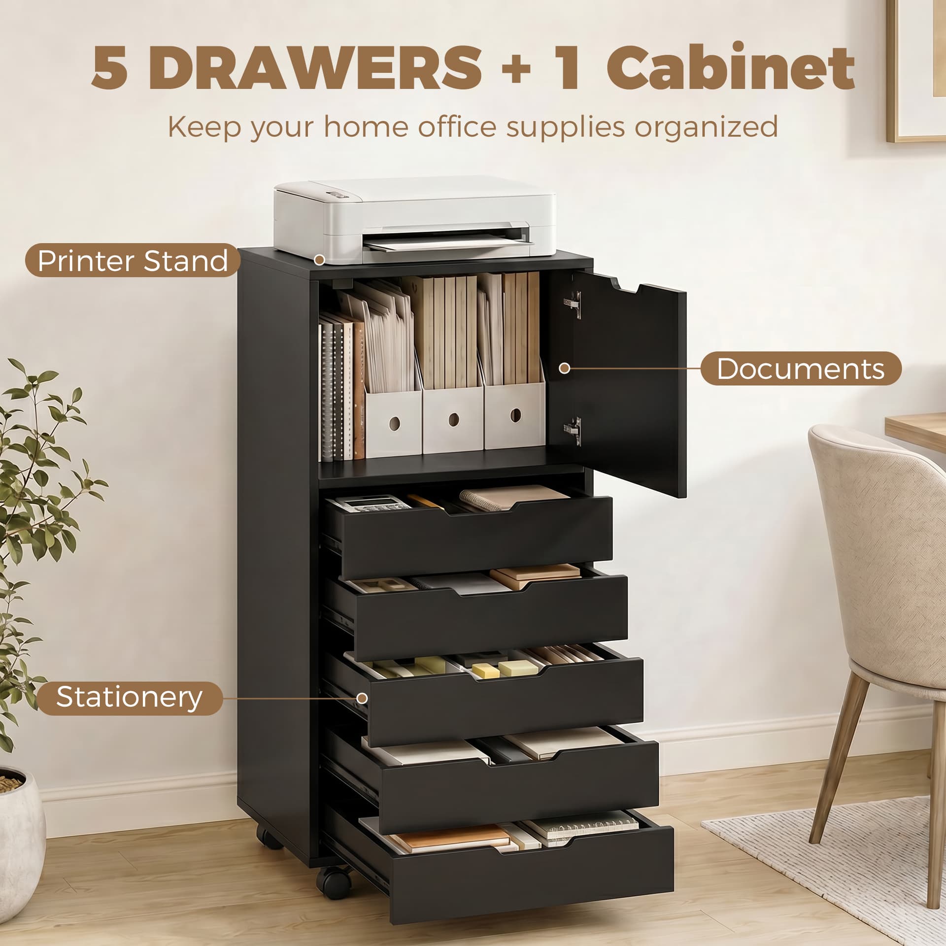 File Cabinet on Wheels Mobile Printer Stand with 5 Drawers for Home Office Black - Office Cabinets & Cupboards - Office Furniture