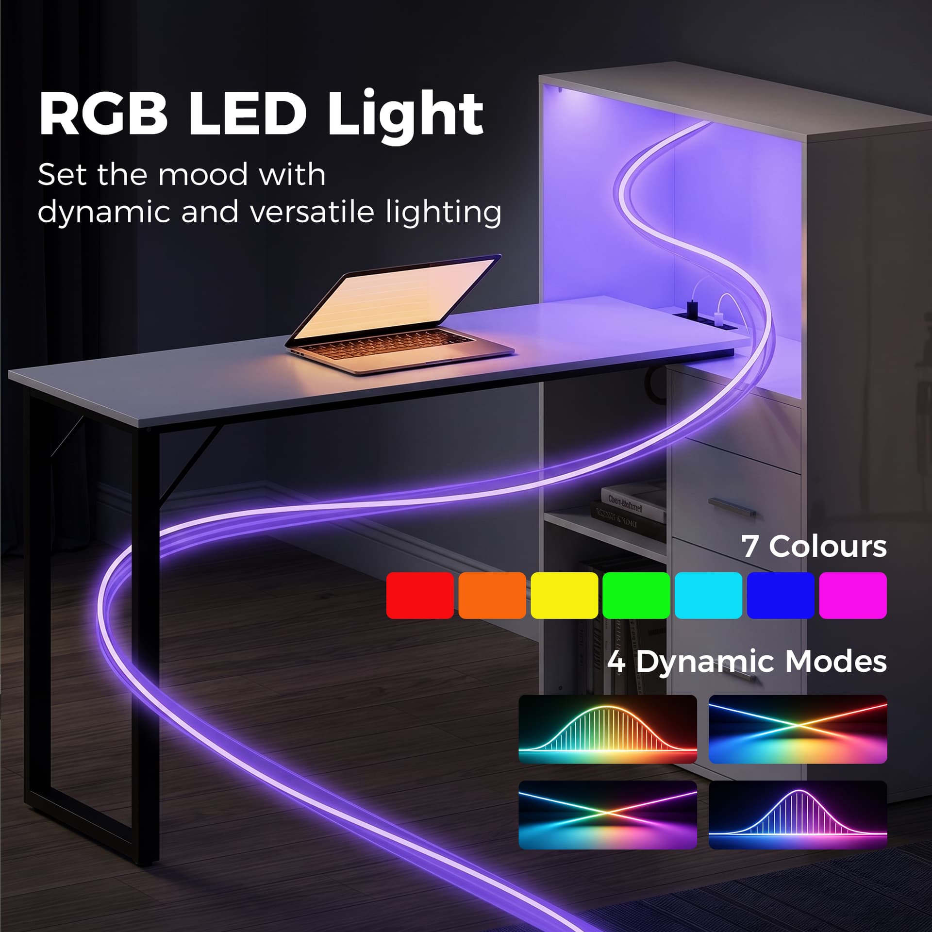 54" Computer Desk with Drawers, Home Office Desk with Storage, Power Outlets and LED Lights, White - Computer Desks - Office Furniture