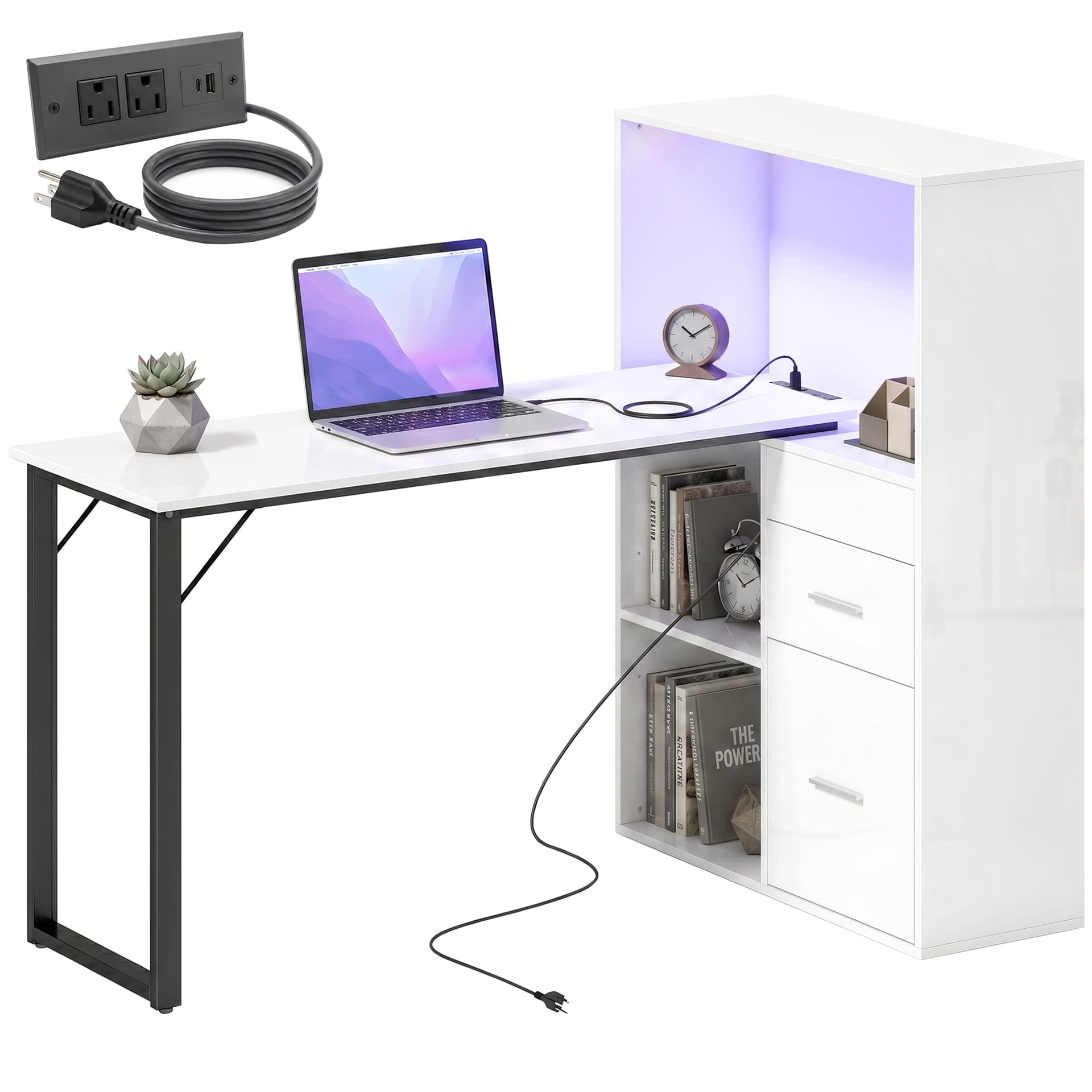 54" Computer Desk with Drawers, Home Office Desk with Storage, Power Outlets and LED Lights, White - Computer Desks - Office Furniture