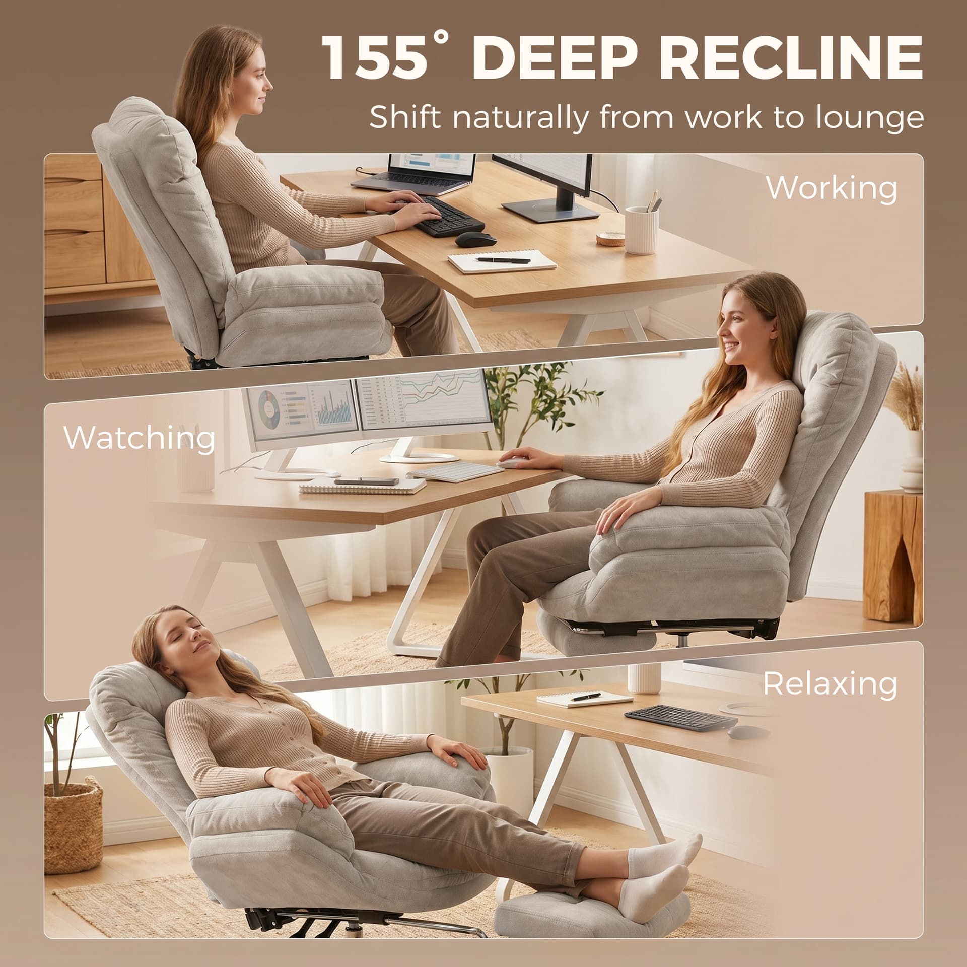 Criss Cross Chair with Wheels, Waterfall Armrests, Overstuffed Wide Office Chair with Footrest, Light Grey - Task Chairs - Office Furniture
