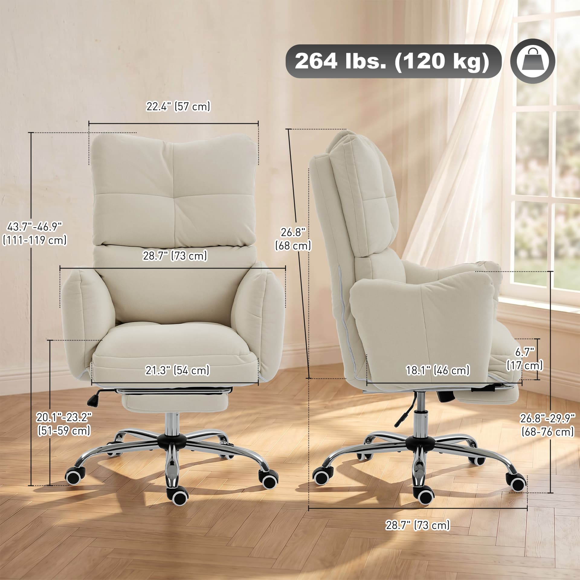 Office Chair with Foot Rest, Ergonomic Reclining Computer Gaming Chair with Snow Flannel Fabric, Thick Cushion, Cream - Executive & Manager Chairs - Office Furniture