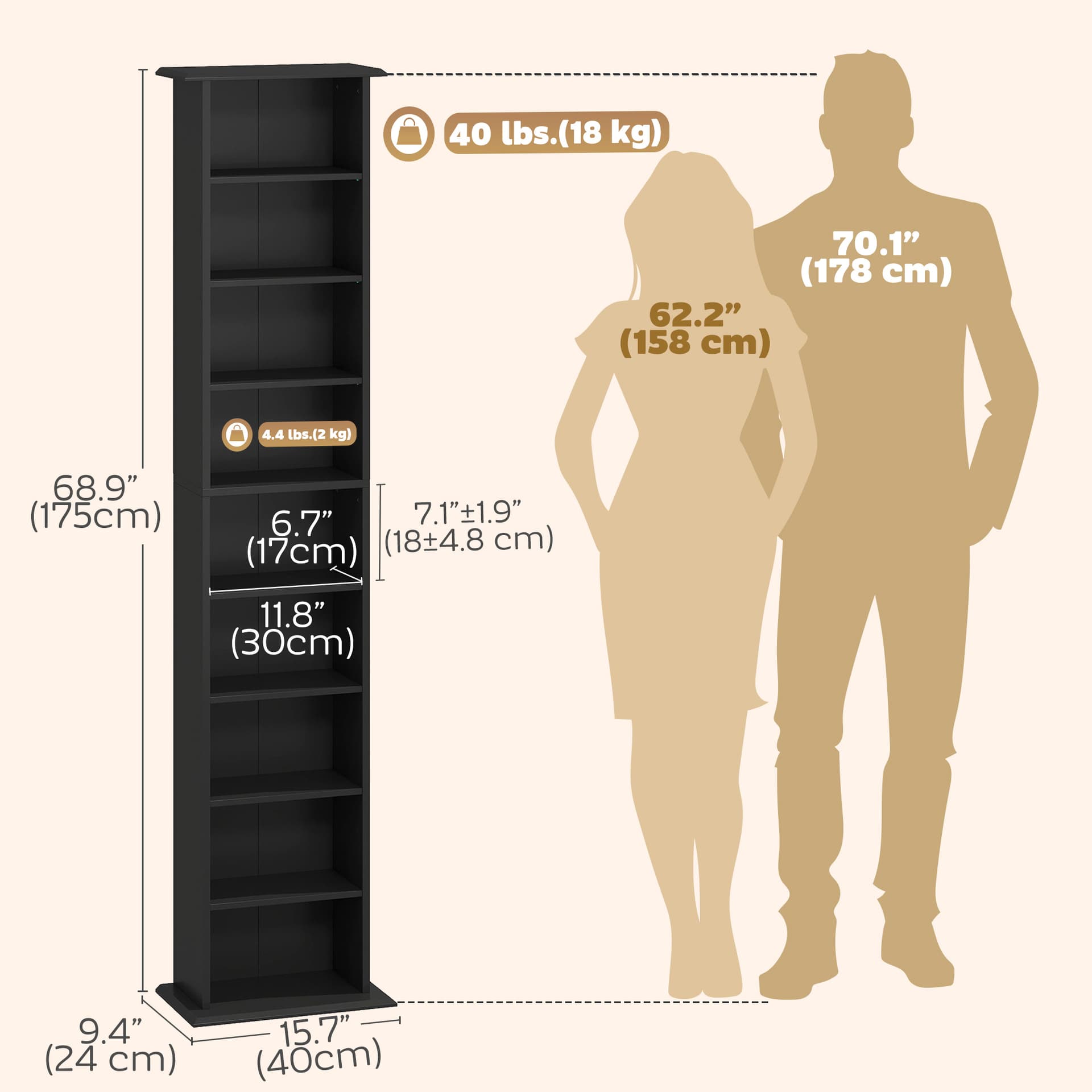 9-Tier DVD Shelf with 7 Adjustable Shelves, Slim CD Shelf, Holds 252 CDs, 147 DVDs or 189 Blu-rays, Black - Office Supplies - Office Furniture