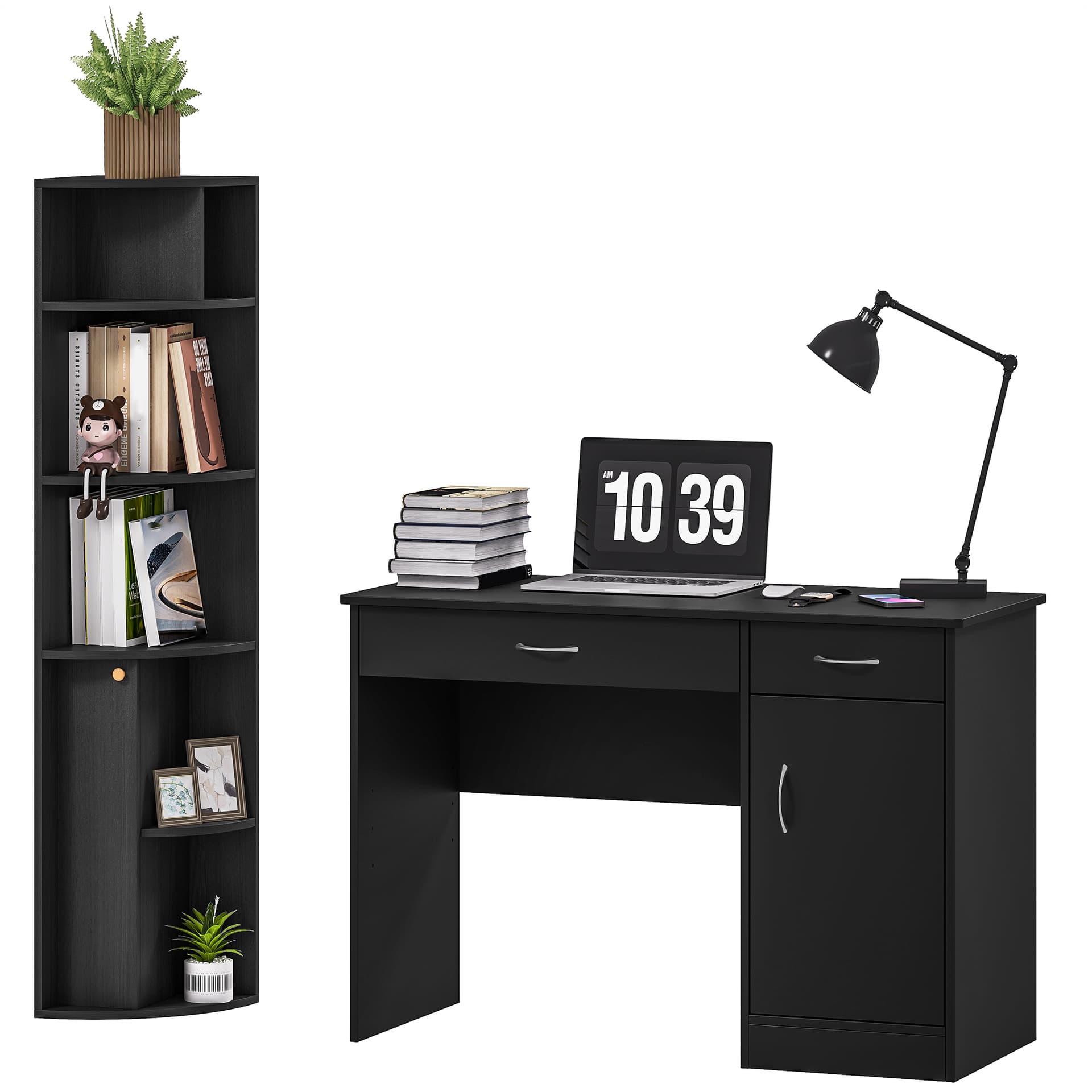 Computer Desk and Bookcase Set, Study Table with Adjustable Shelf, Bookshelf with Open Compartments and Cabinet, Black - Computer Desks - Office Furniture