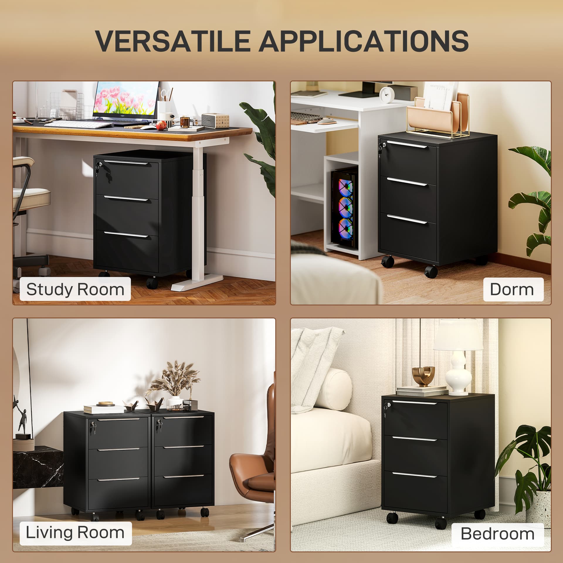 3 Drawer File Cabinet with Wheels, Vertical Filing Cabinet with Lock, Black - Office Cabinets & Cupboards - Office Furniture